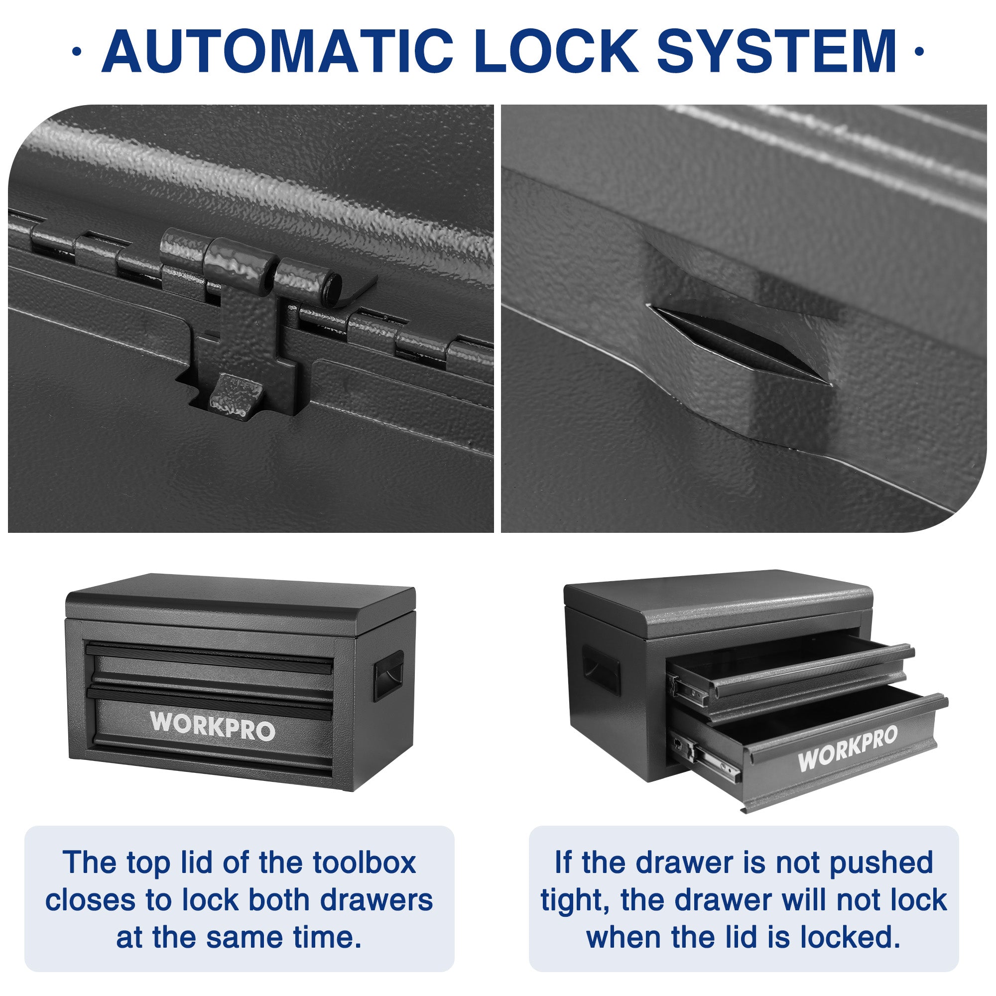 WORKPRO metal tool box with automatic lock latch and open drawers, dark gray
