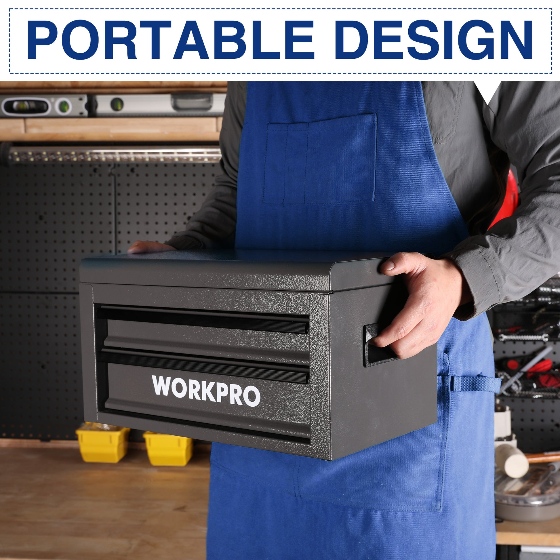WORKPRO metal tool box with two drawers and open front compartment, gripped at the handle, dark gray