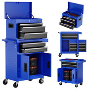 Blue rolling tool chest with open top box, three drawers, and cabinet doors on wheels