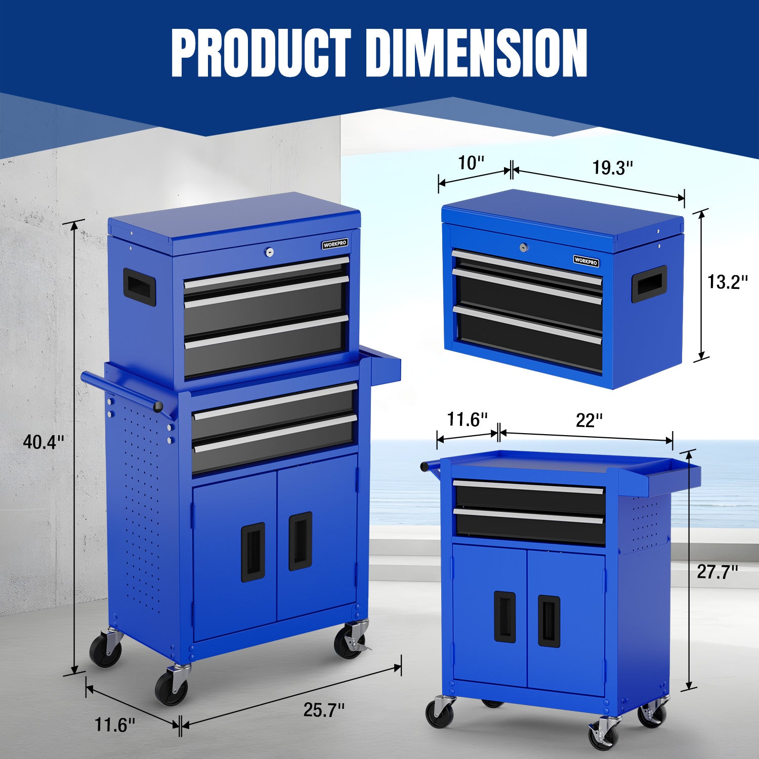 Blue rolling tool chest with four wheels, stacked drawers, and cabinet doors