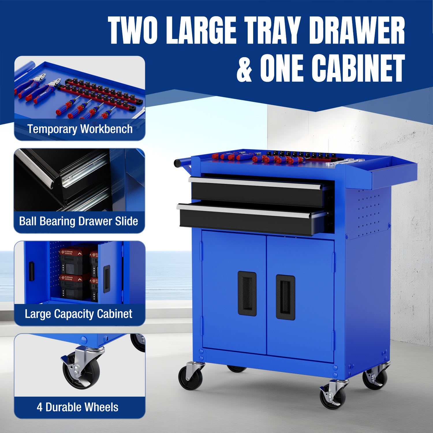 Blue rolling tool chest with open top tray, two drawers, and cabinet door on wheels