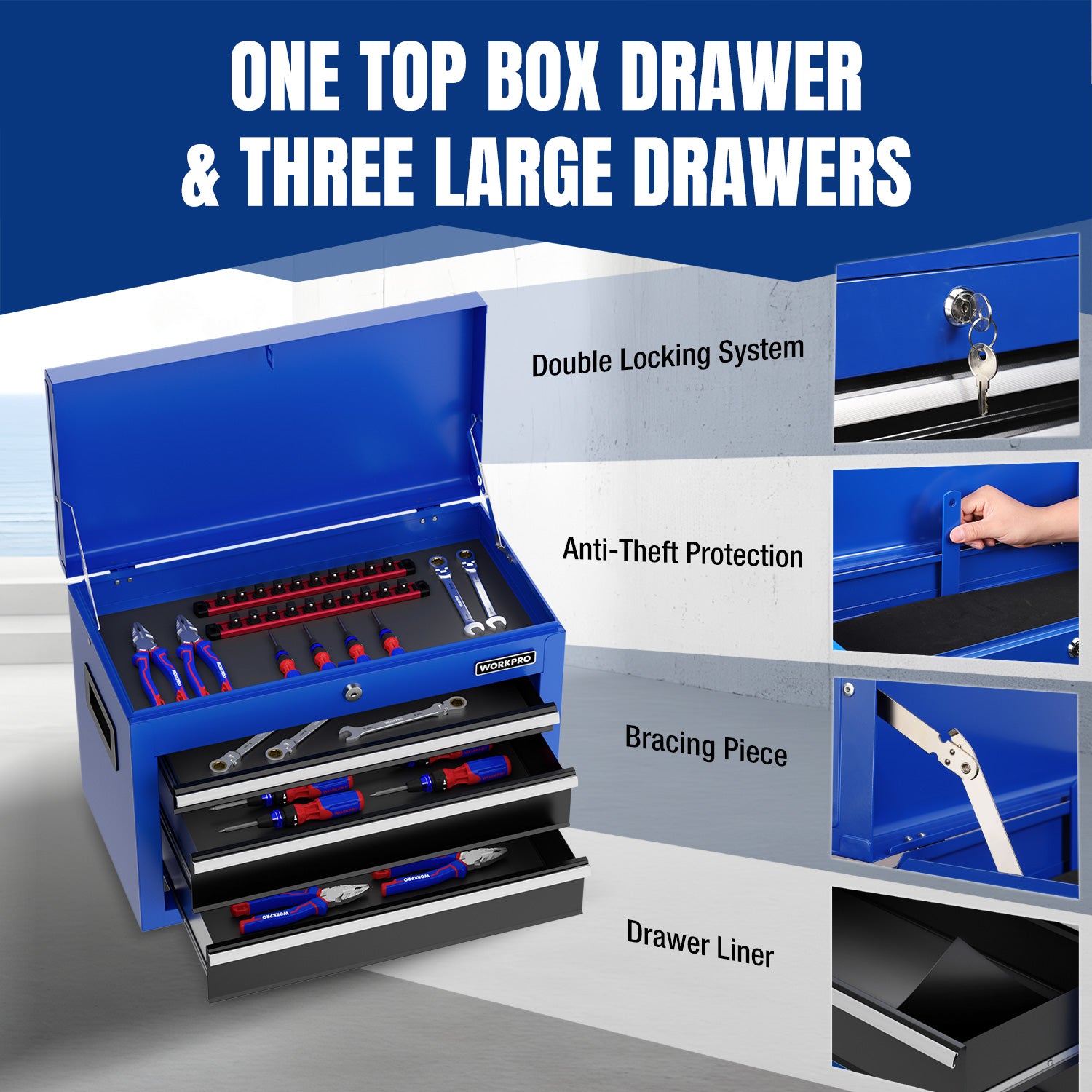 Blue rolling tool chest with open top box drawer and three large drawer compartments