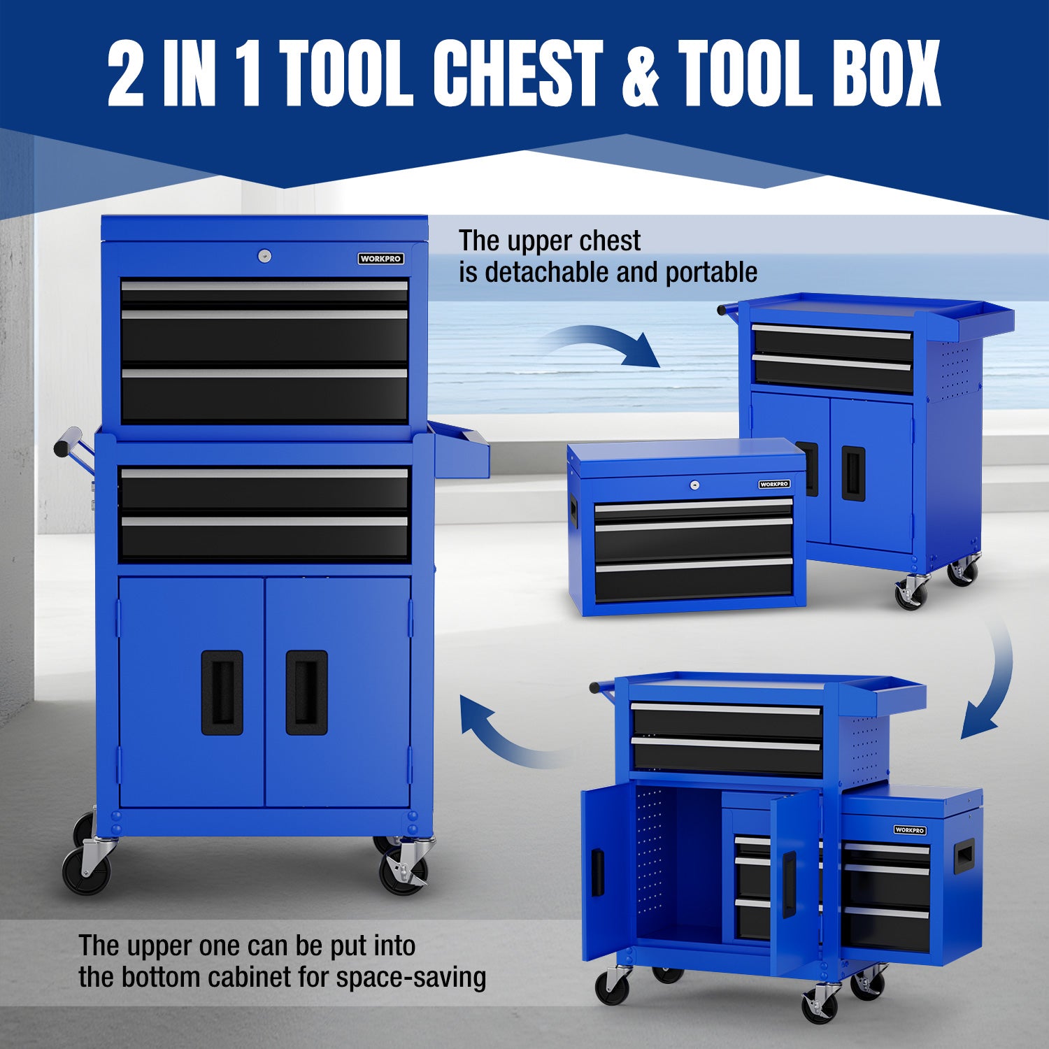 Blue rolling tool chest with detachable upper box and stacked drawers with cabinet doors