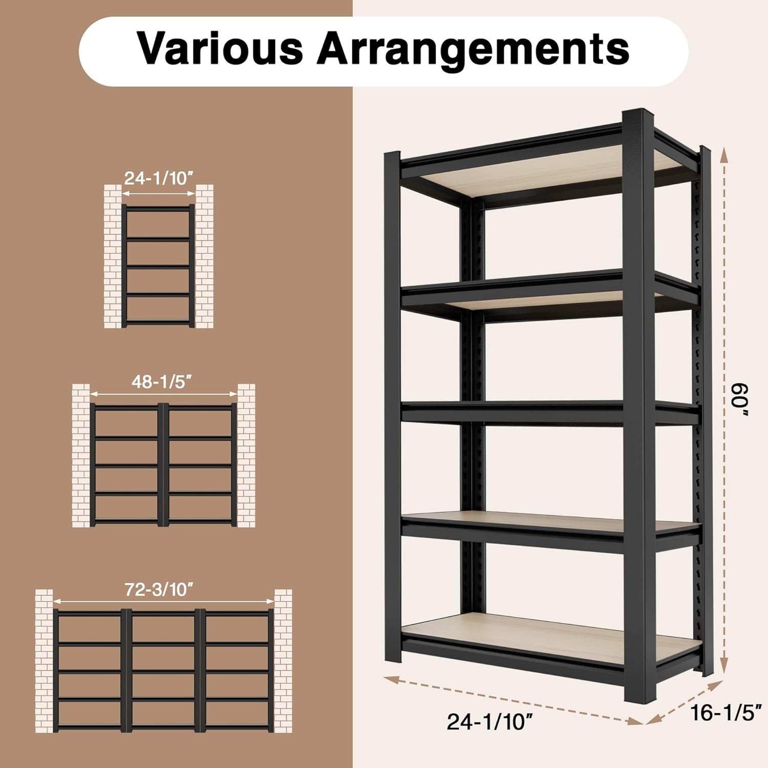 Black 5-tier metal shelving unit with listed shelf layout and overall dimensions