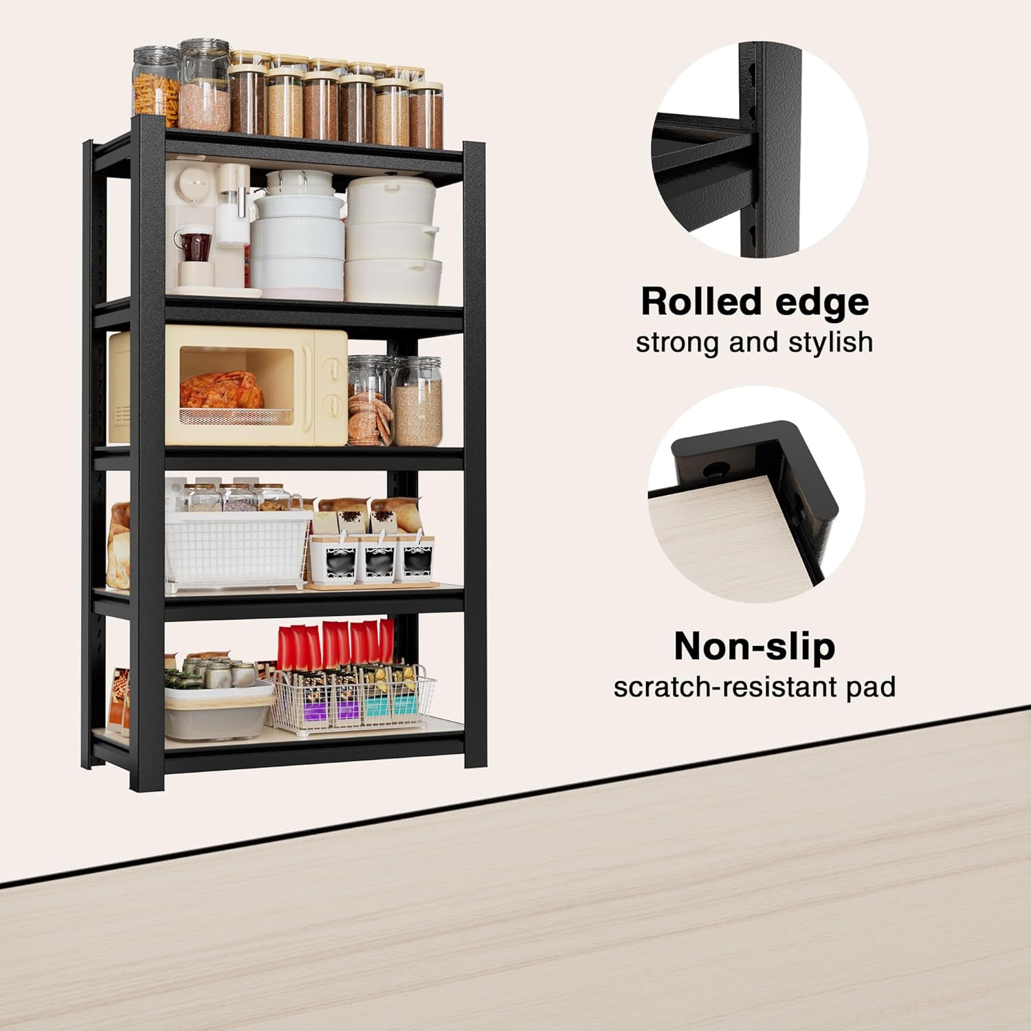 Black 5-tier metal shelving unit with rolled-edge particle board shelves and non-slip pads