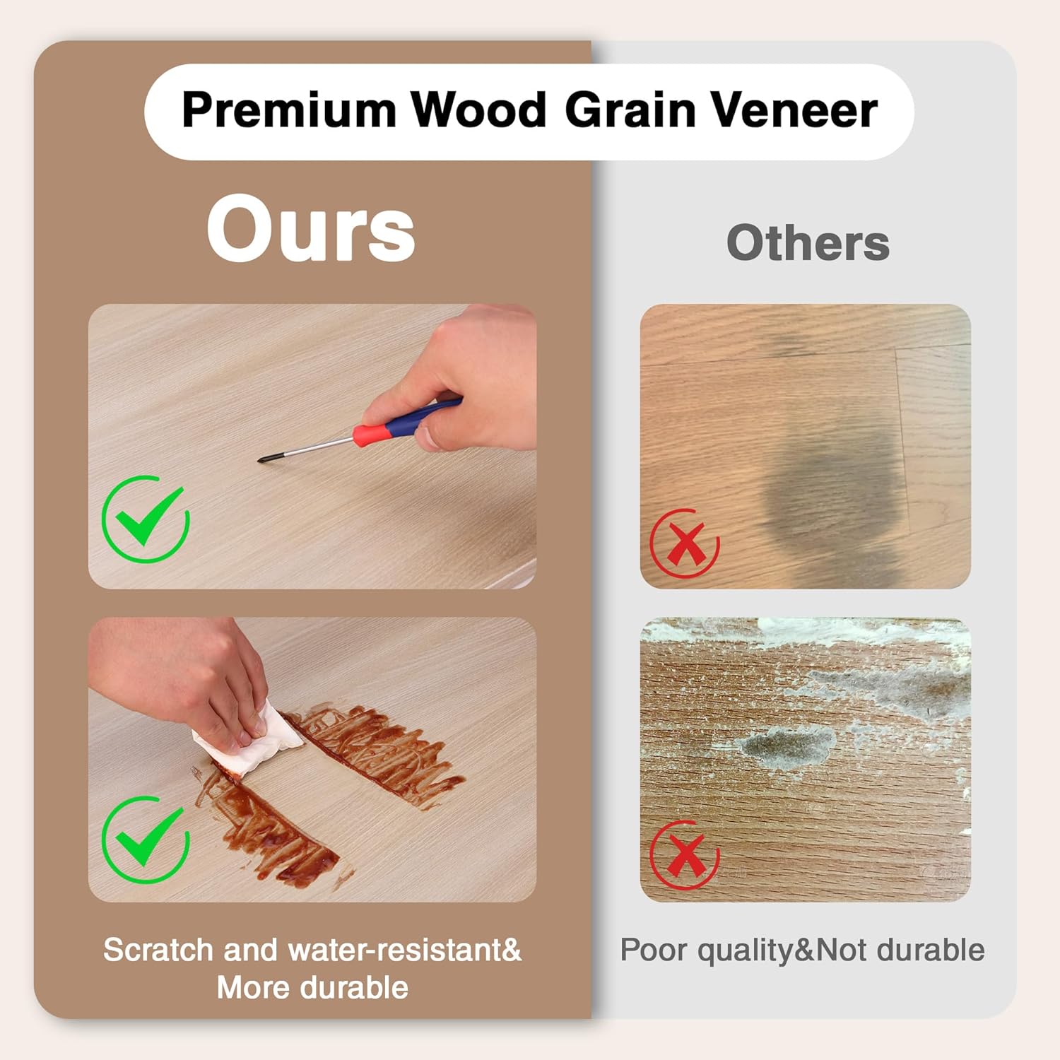 Wood grain veneer comparison graphic for shelving surfaces, showing durable finish