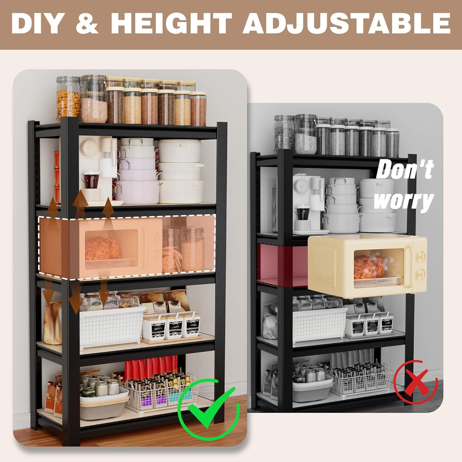 Black metal shelving unit infographic with DIY, adjustable height, and organized contents