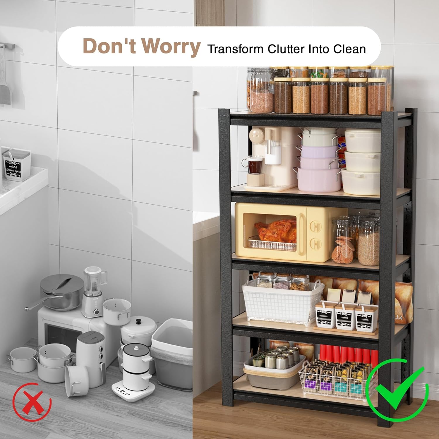 Black 5-tier metal shelving unit with particle board shelves holding kitchen jars and containers