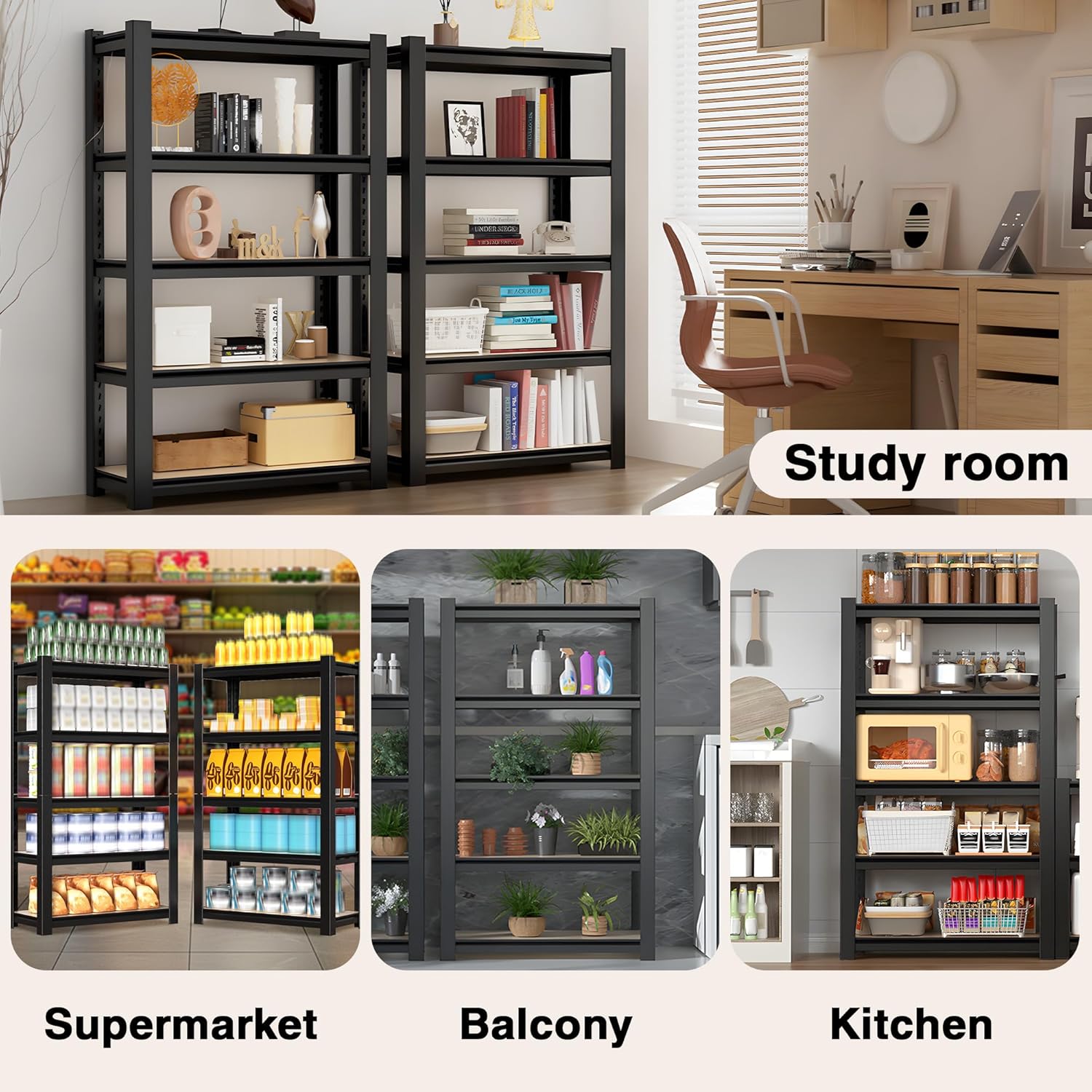 Black 5-tier metal shelving unit with shelves filled with books, decor, and kitchenware