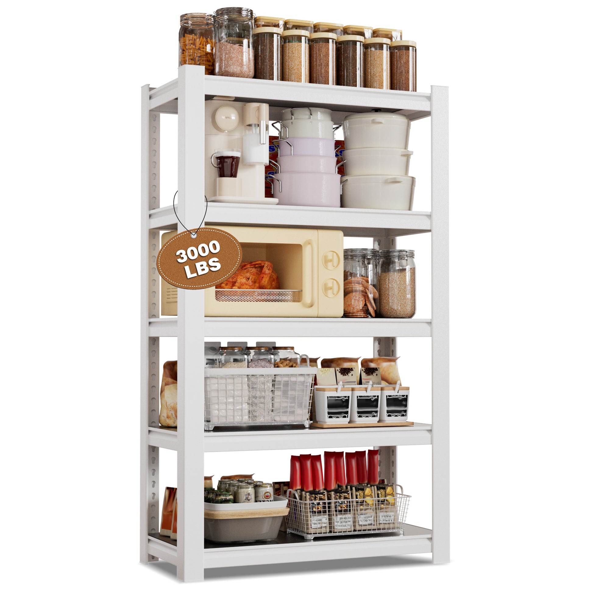 White 5-tier boltless shelving unit with adjustable shelves, 3000-lb load capacity
