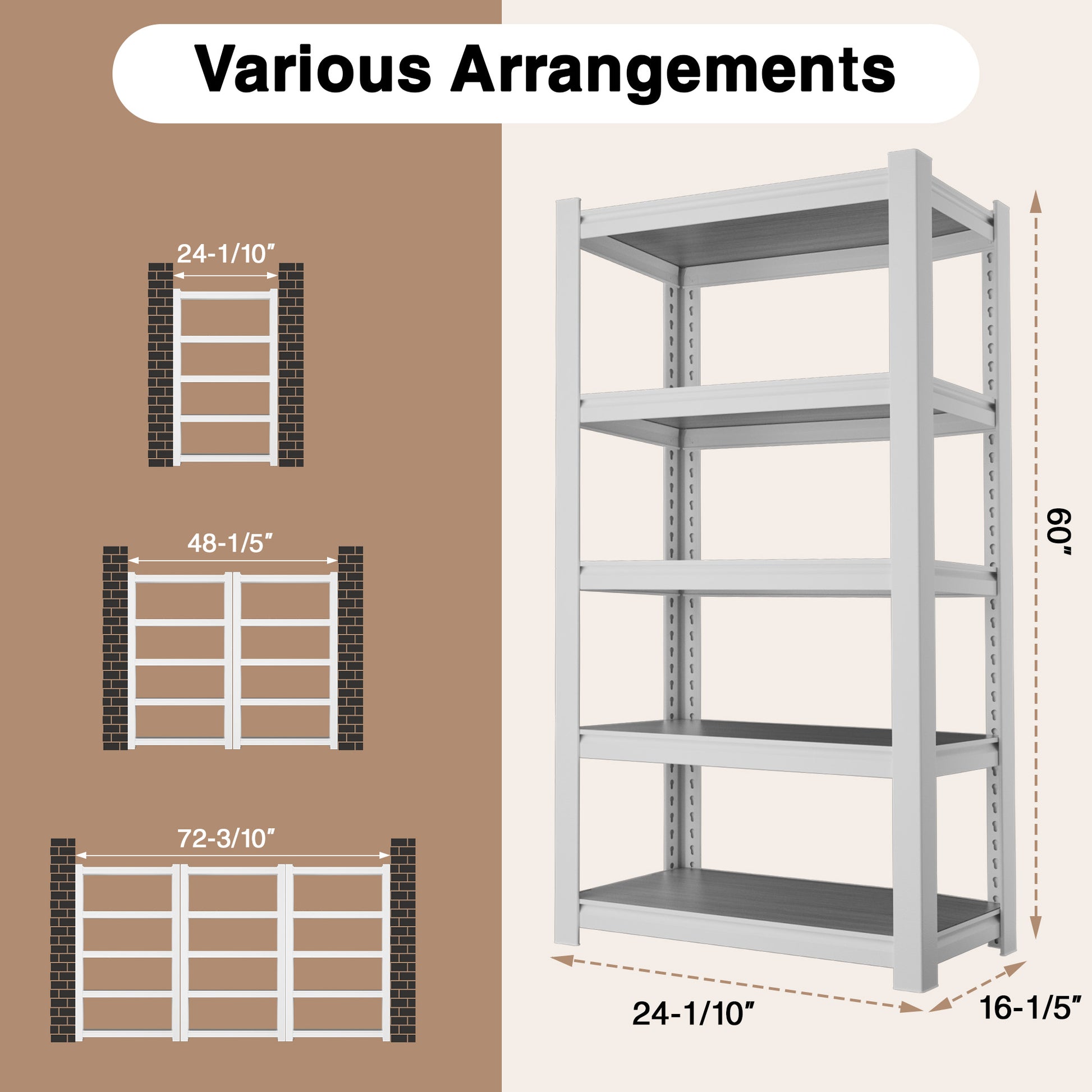 White boltless 5-tier shelving unit with adjustable frame and shown dimensions
