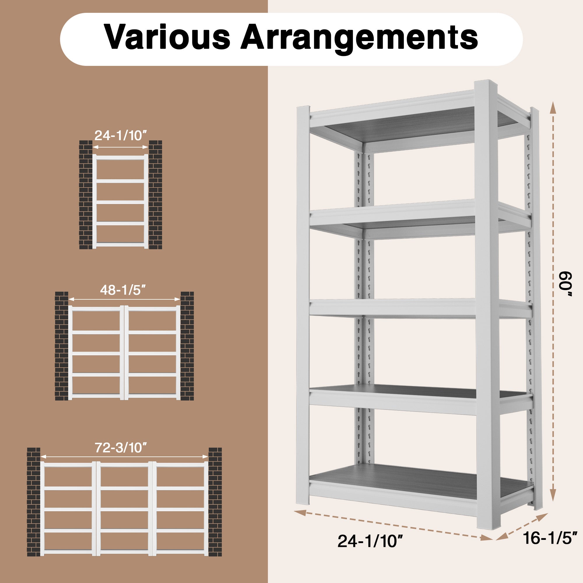 White boltless 5-tier shelving unit with adjustable frame and shown dimensions