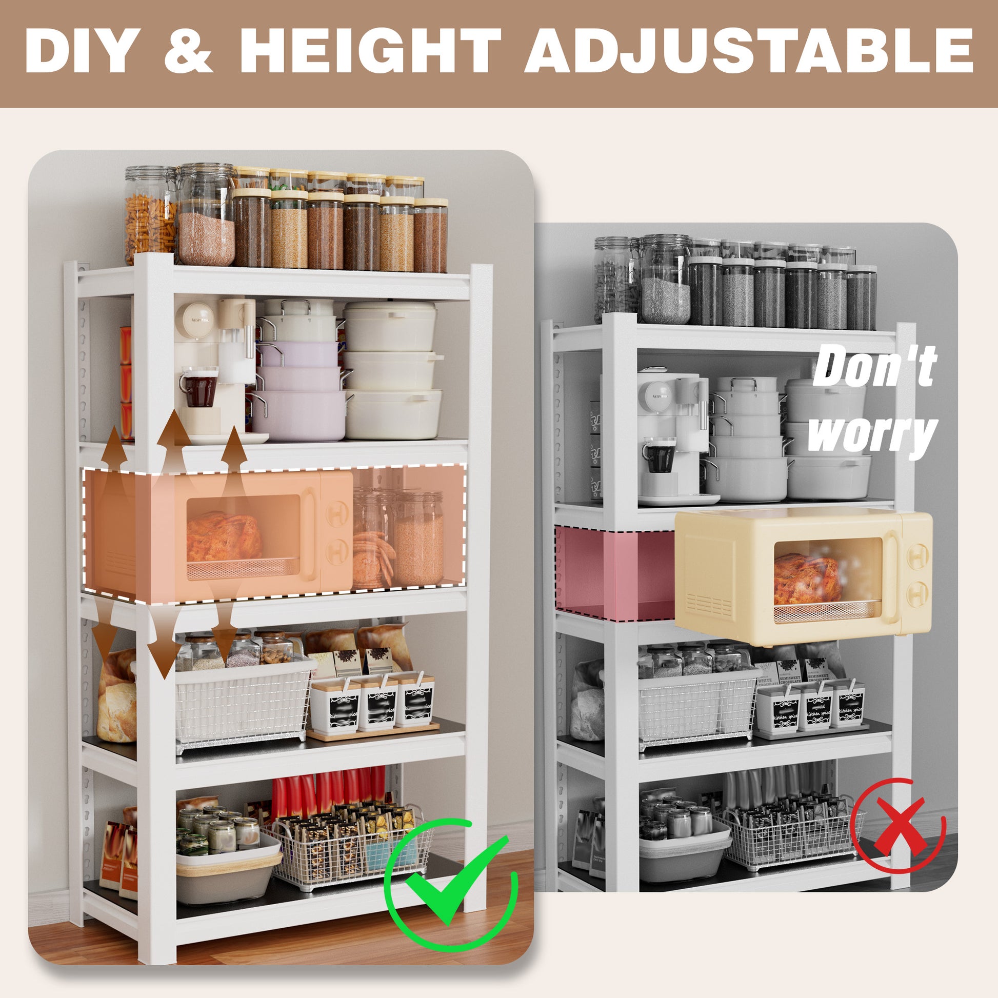 White 5-tier storage shelving unit with adjustable heights for organized items
