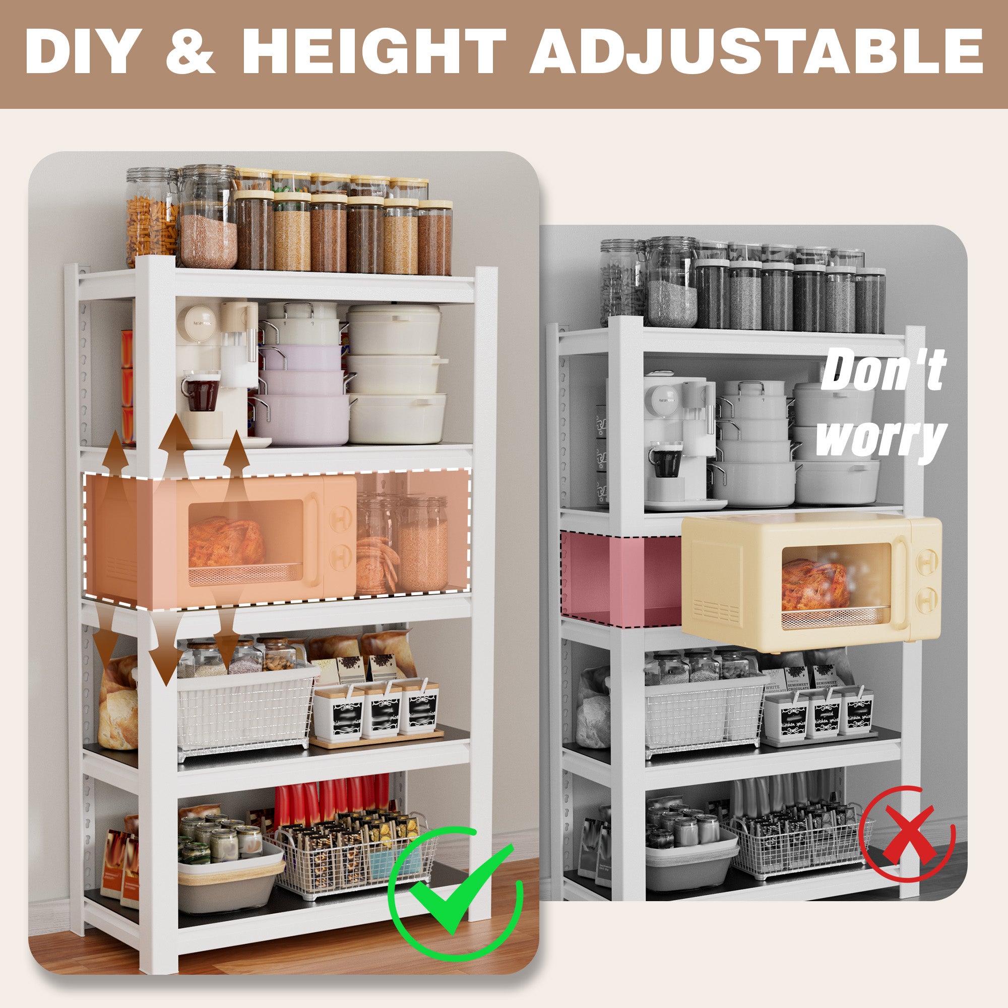 White 5-tier storage shelving unit with adjustable heights for organized items