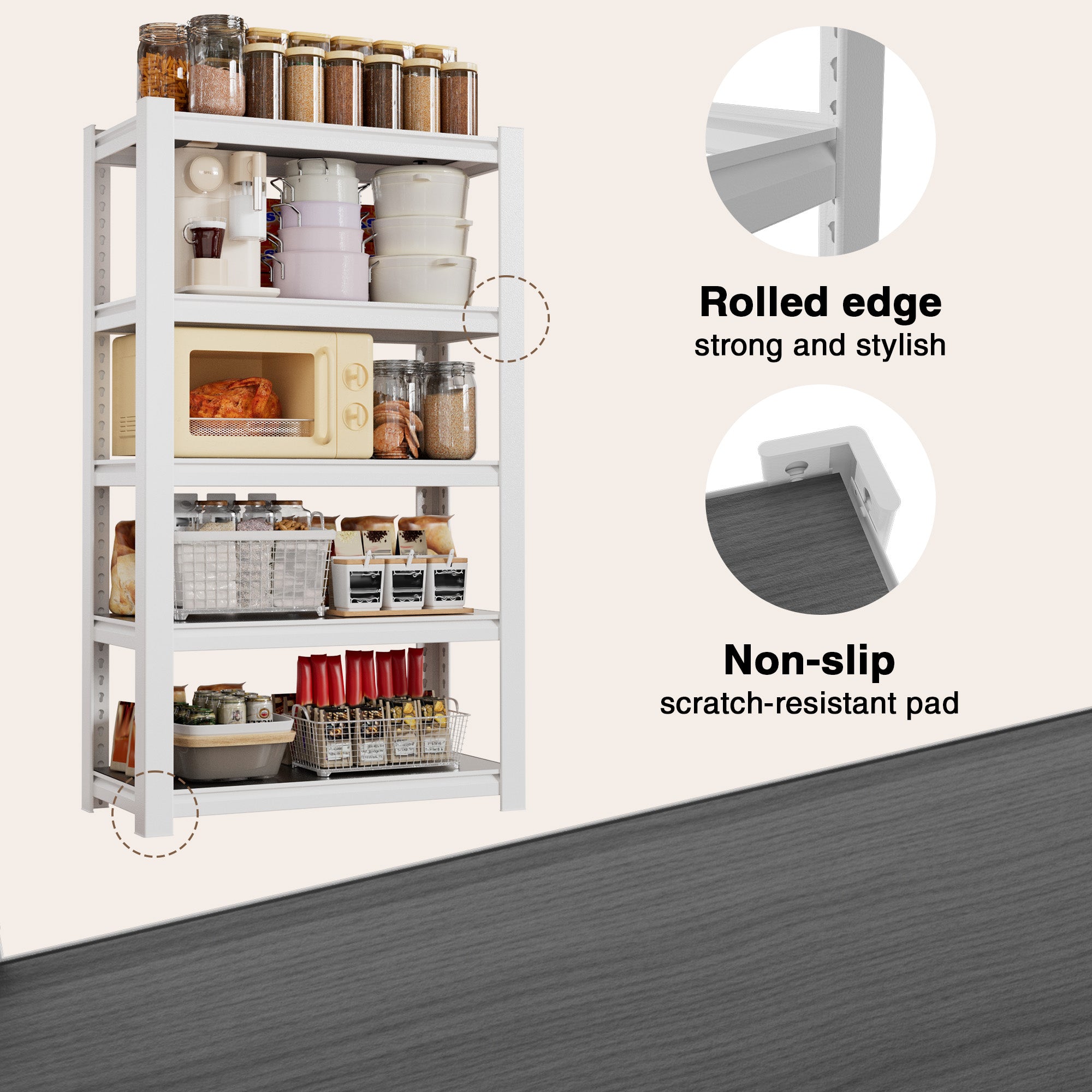 White 5-tier shelving unit detail: rolled edge and non-slip scratch-resistant pads