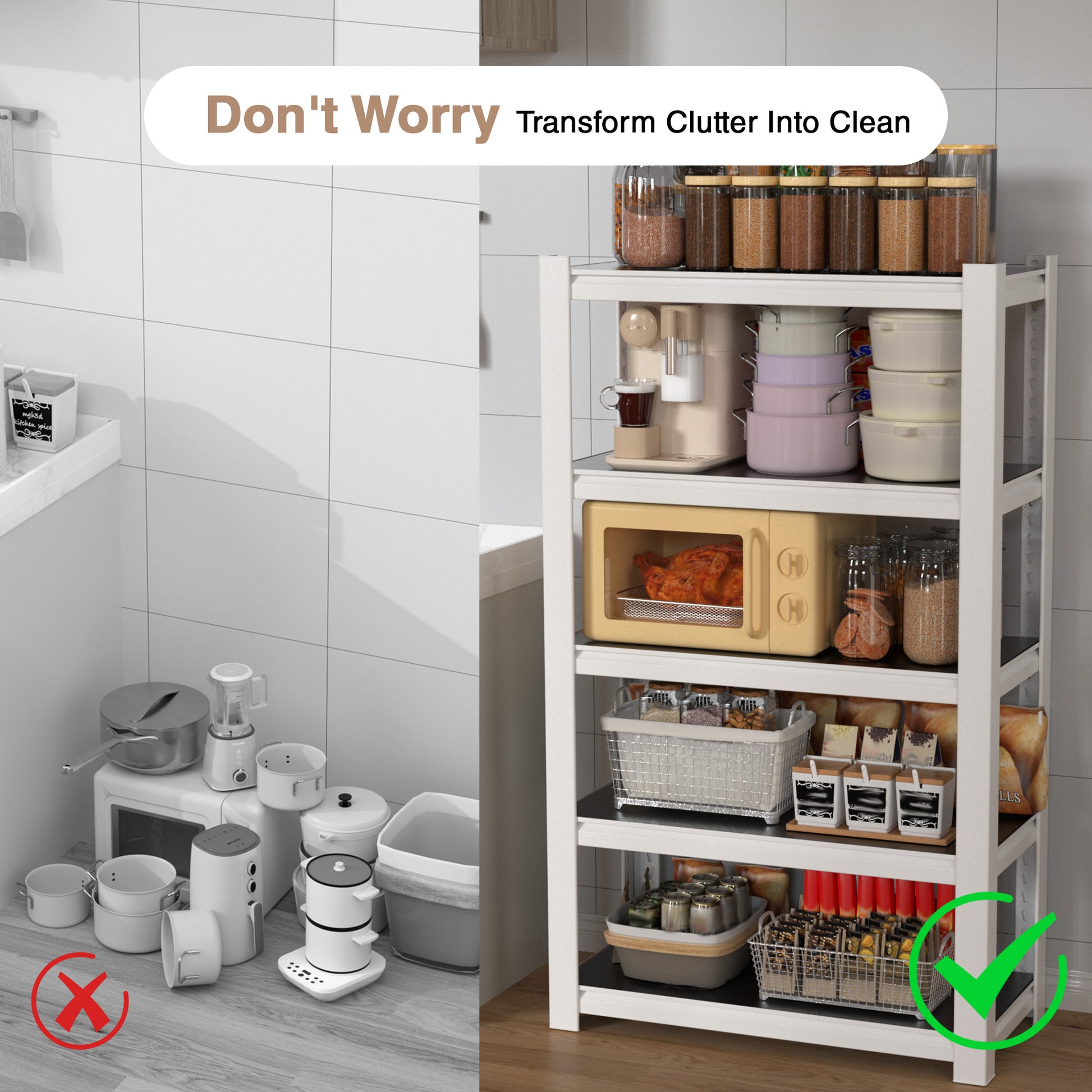 White 5-tier shelving unit in kitchen with pantry containers on open shelves
