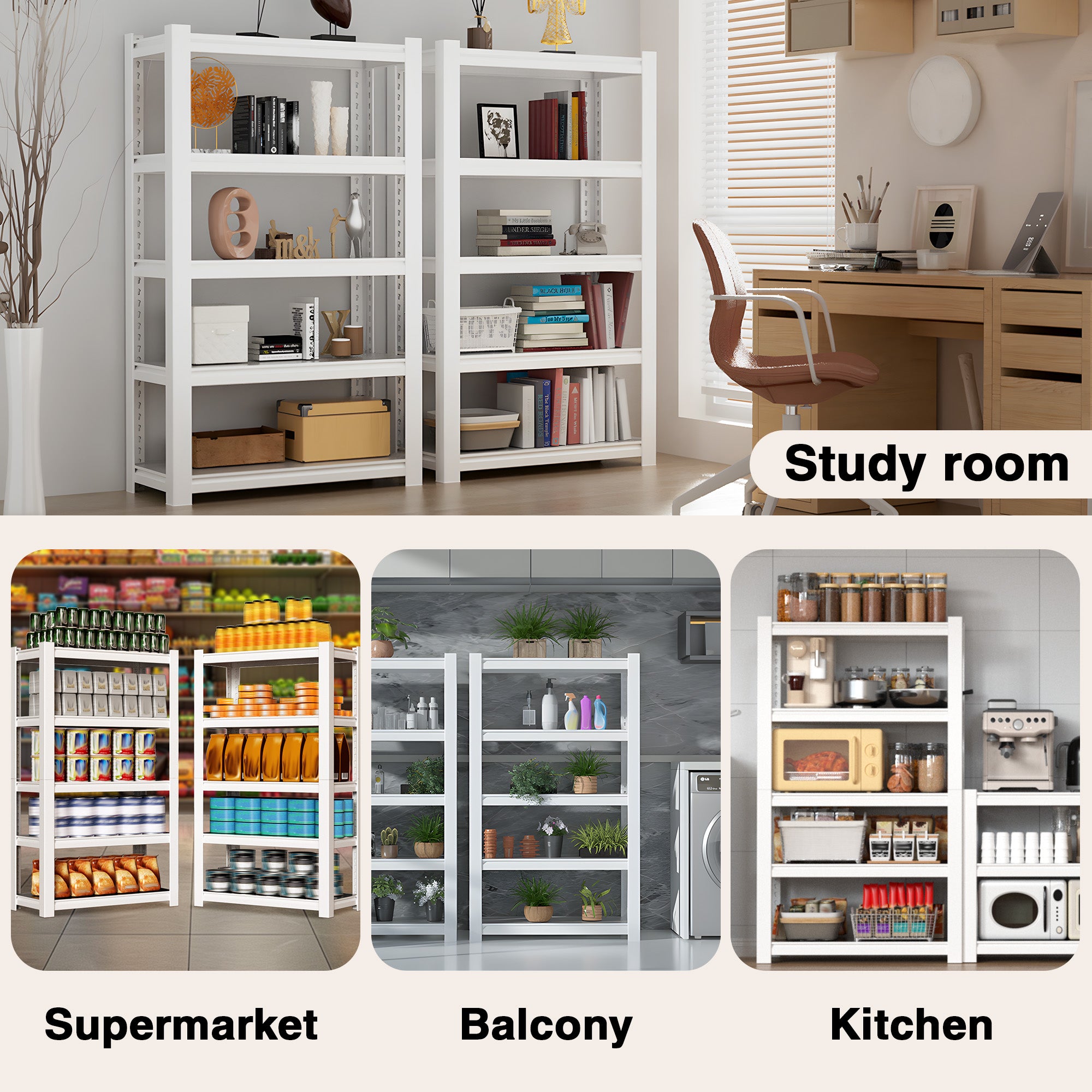 White 5-tier storage shelving unit for study, balcony, kitchen, and pantry use