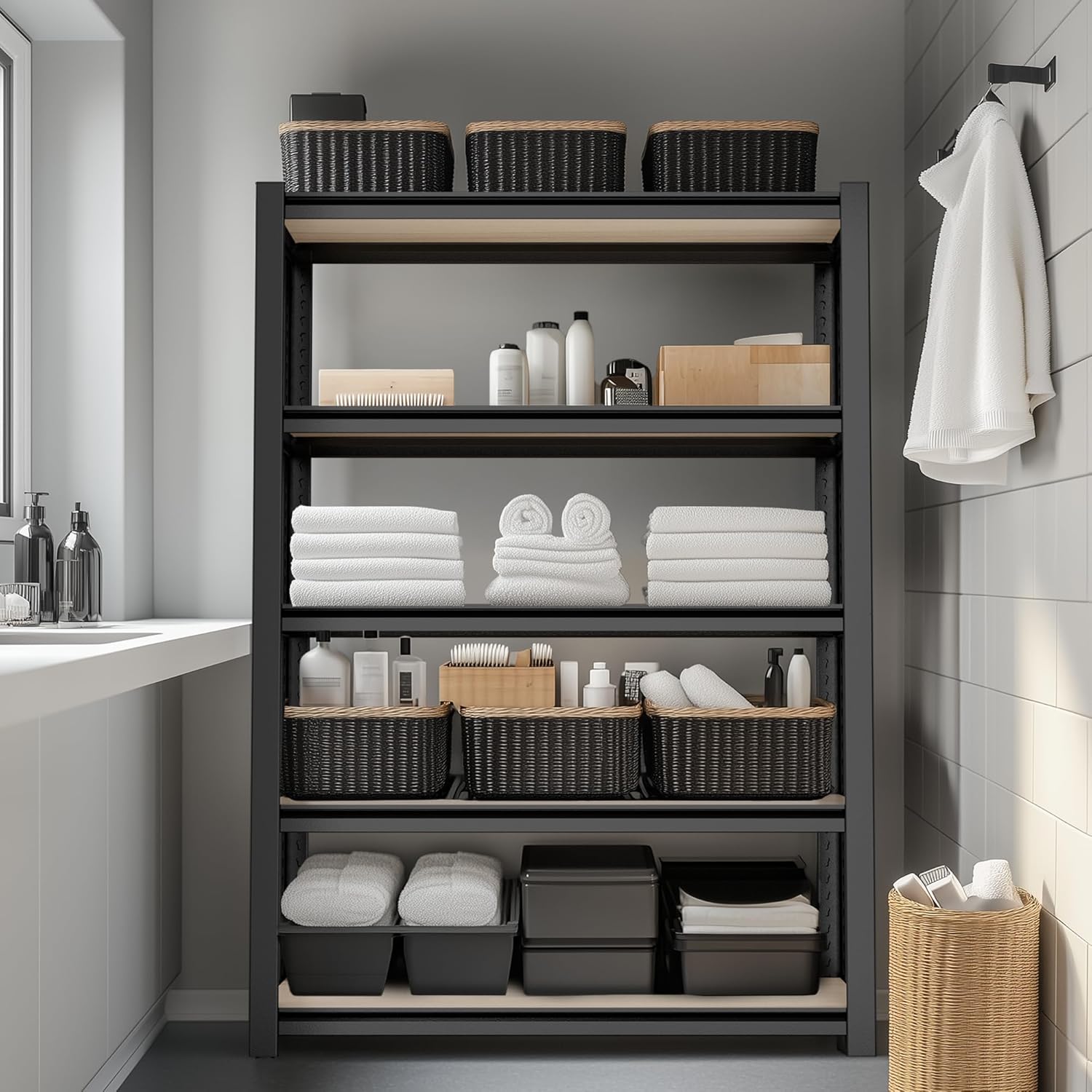 Black metal 5-tier shelving unit with open frame, storing folded towels and bins