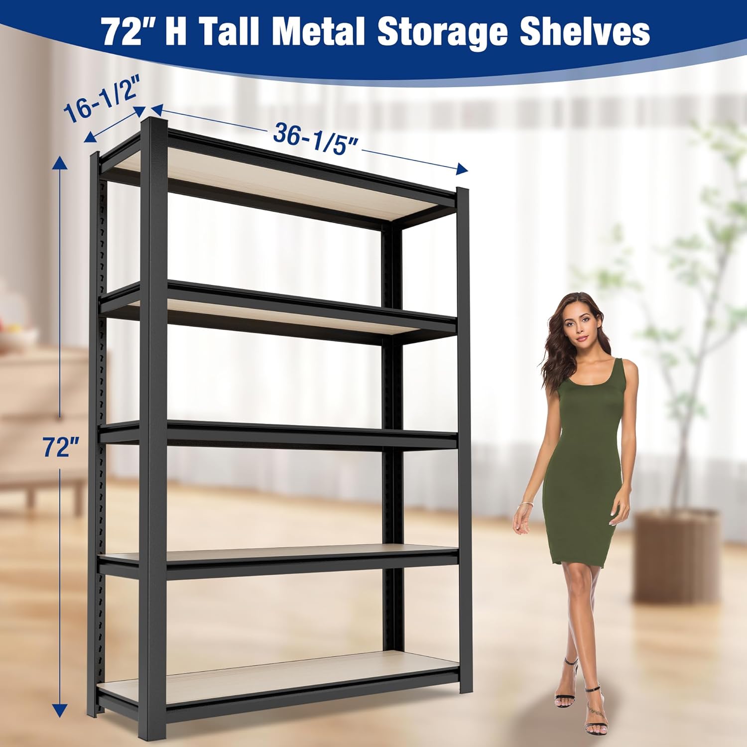 Black metal tall storage shelving unit with four open tiers and vertical support rails