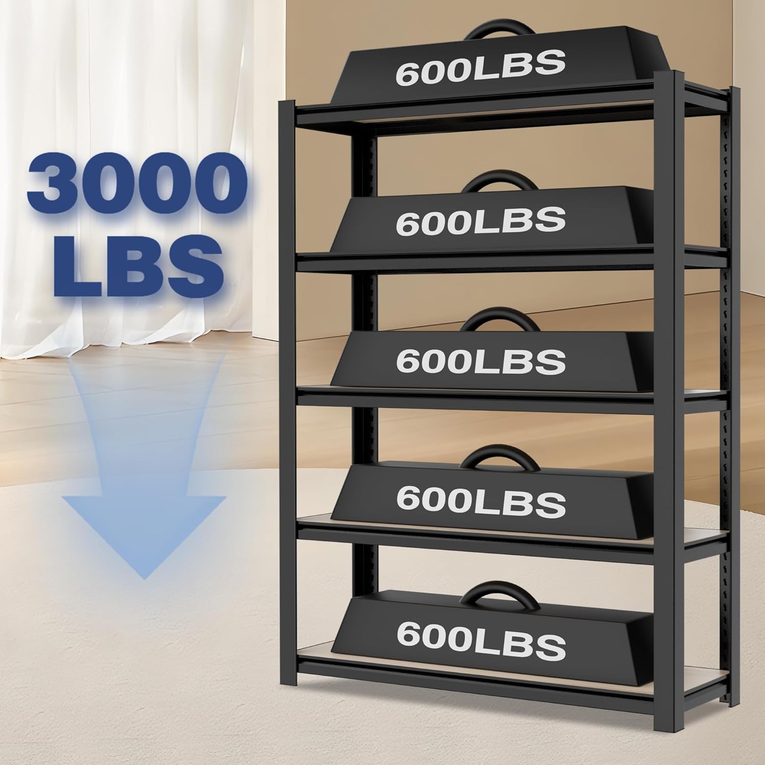 Black metal shelving unit showing multiple tiers with load-capacity bars labeled