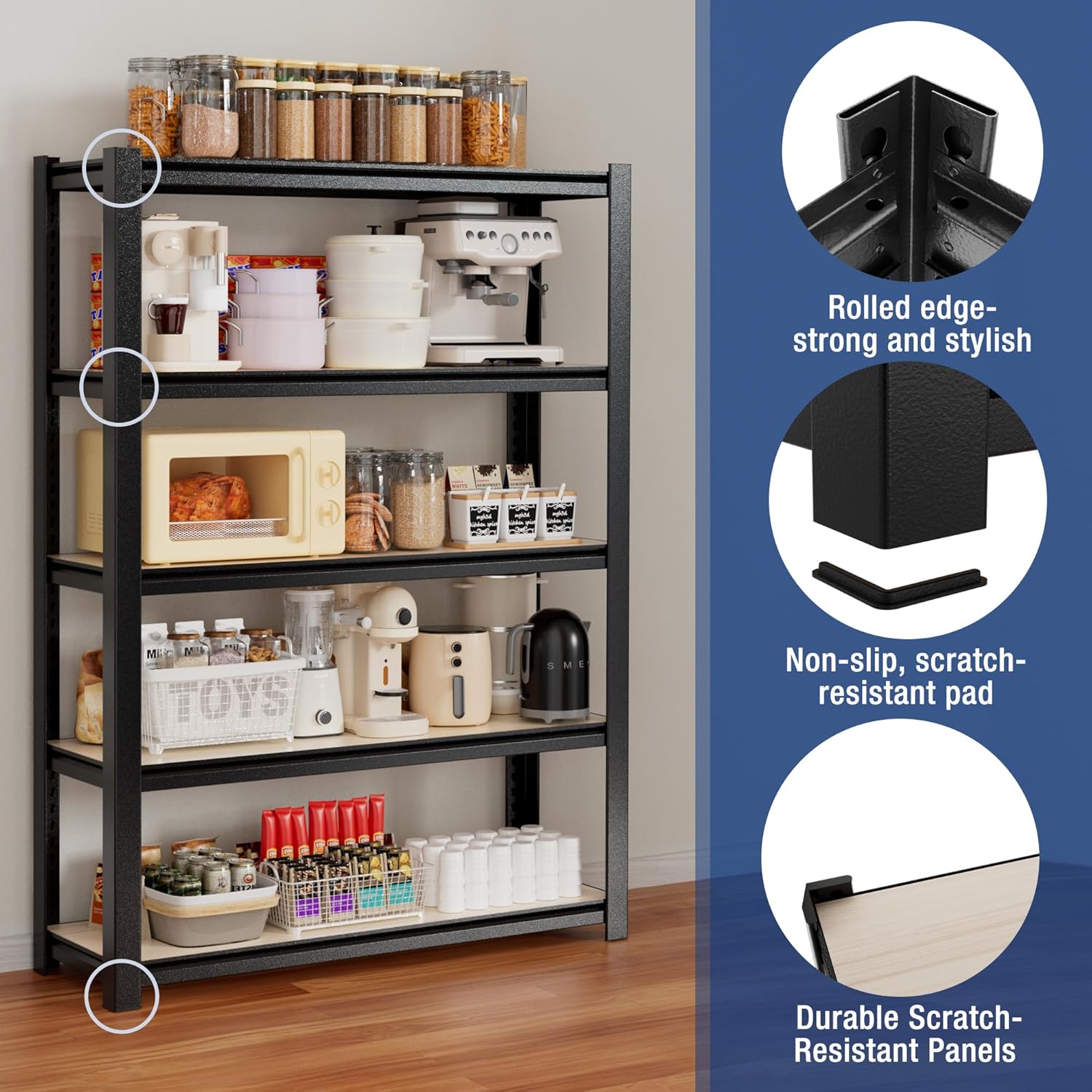 Black metal shelving unit with multiple tiers and labeled durability features and pads