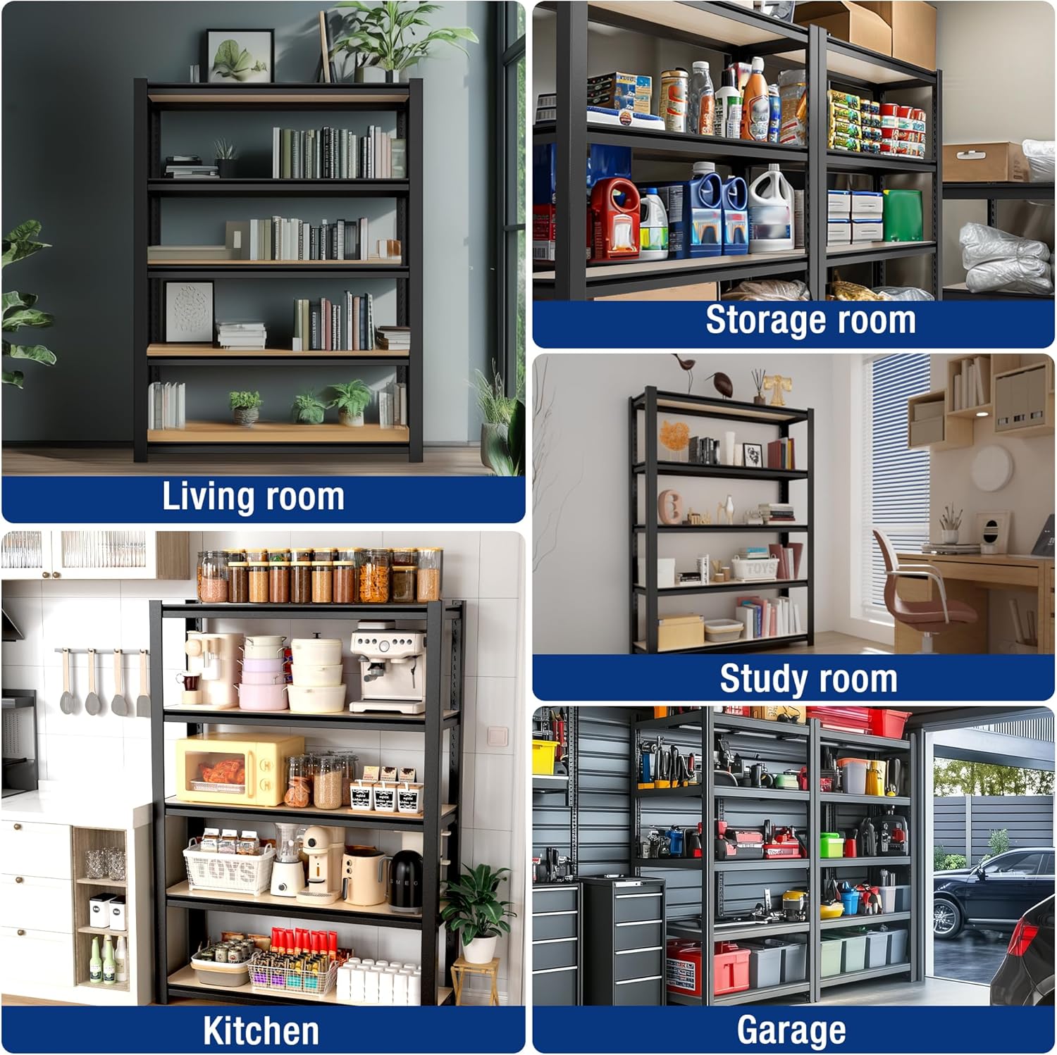 Black metal shelving unit shown in living room, study, kitchen, and garage storage