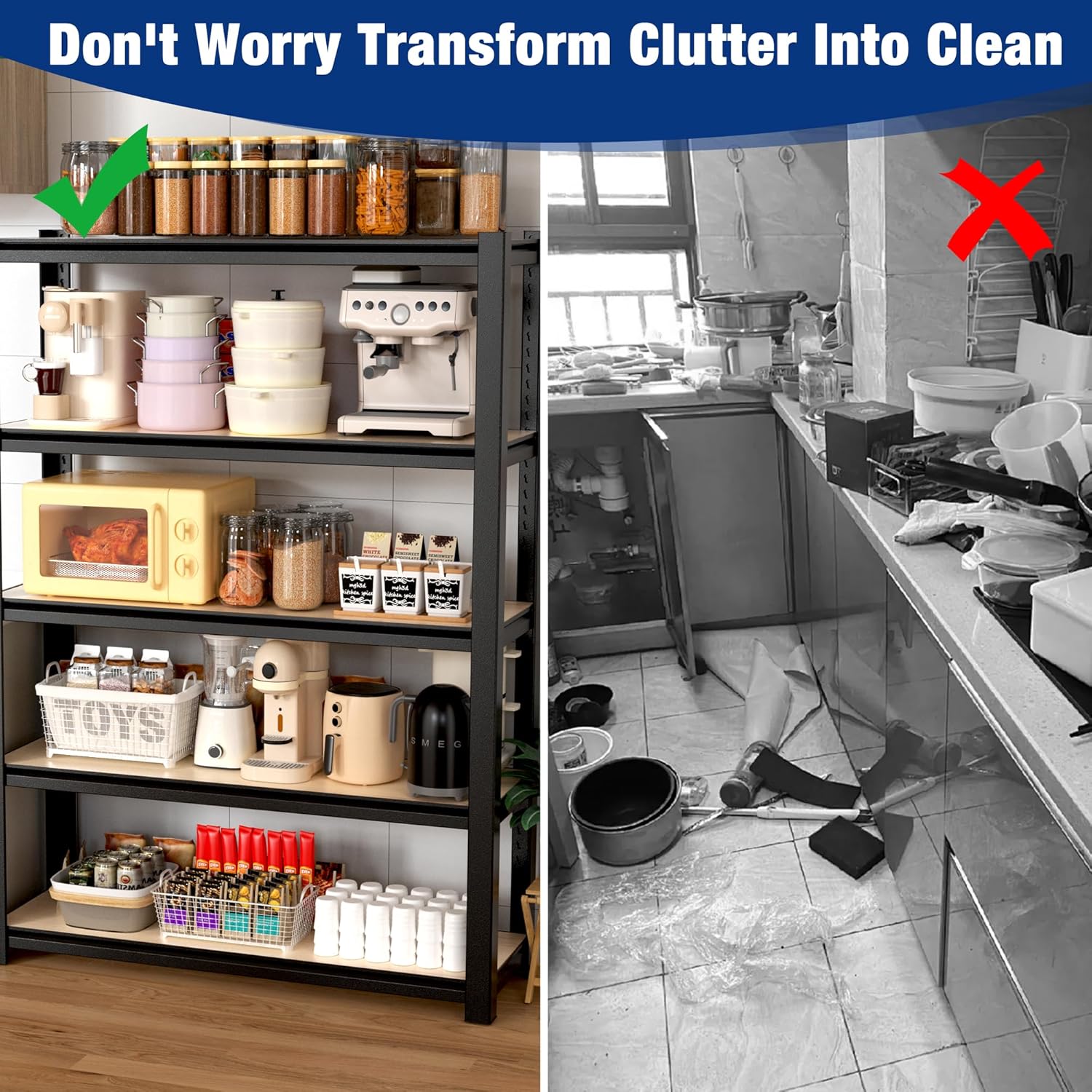 Black metal shelving unit infographic comparing organized shelf storage versus messy kitchen