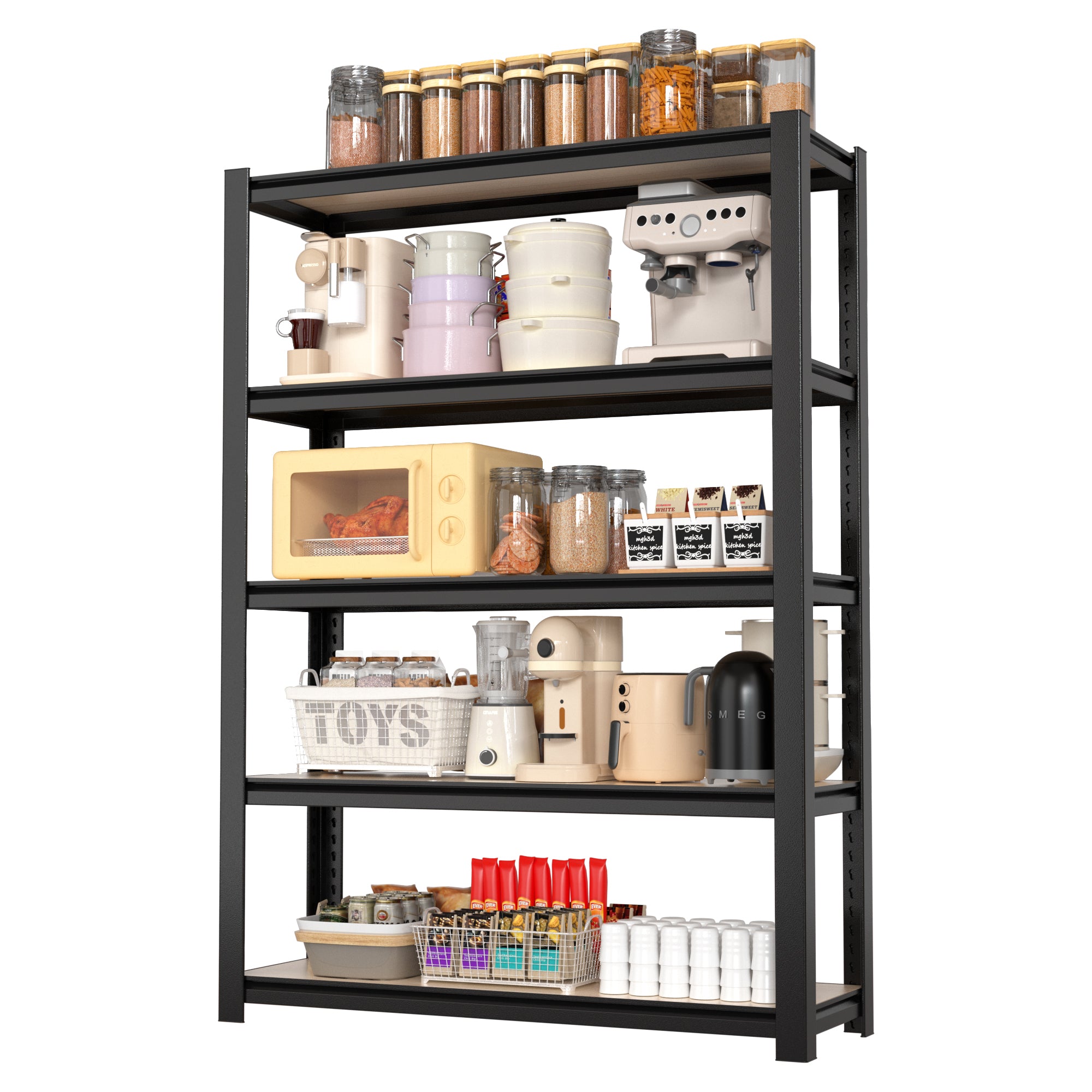 Black 5-tier metal shelving unit with particle board shelves stocked with pantry and kitchen items
