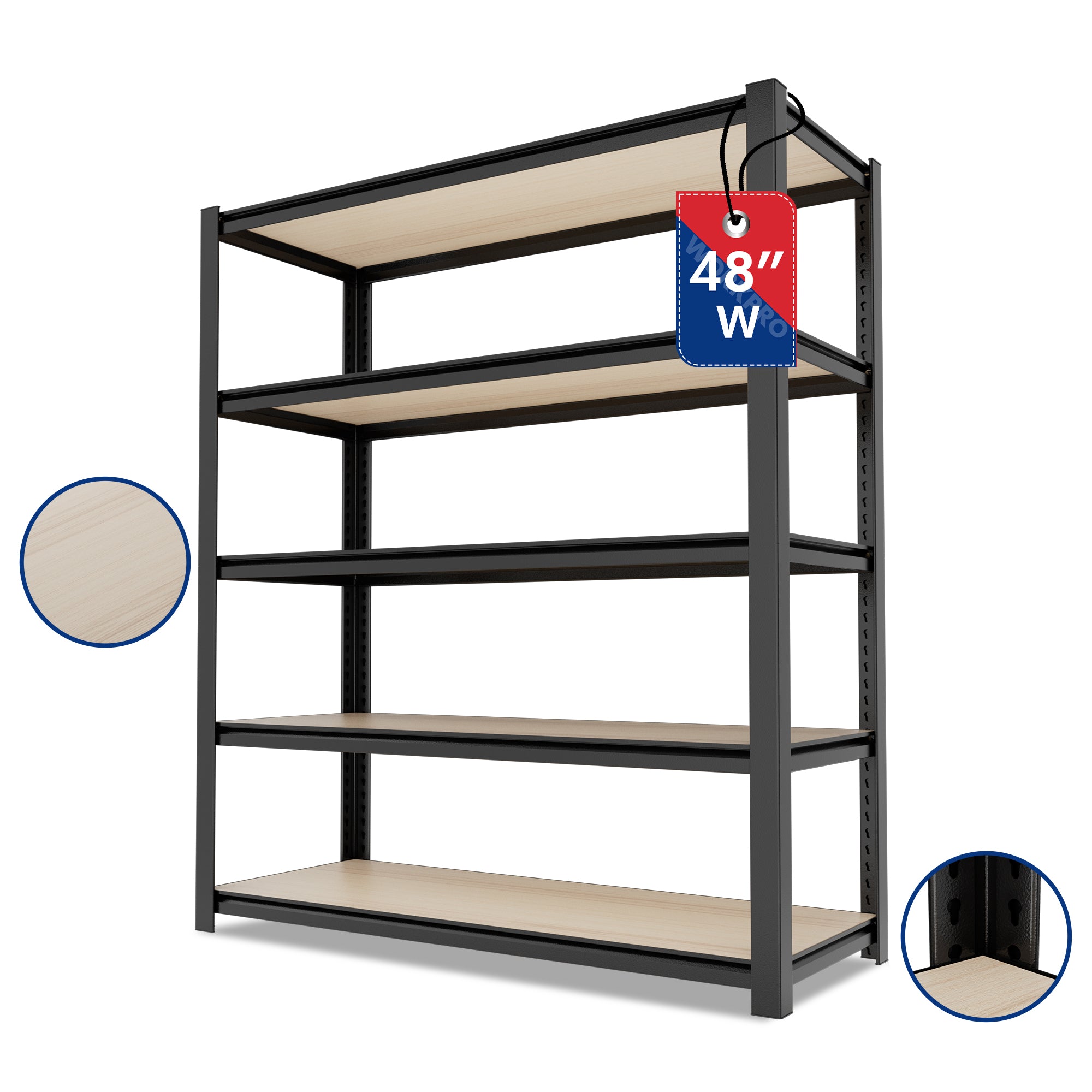 WORKPRO 5-tier black shelving with board, 48 inch W x 24 inch D x 72 inch H, durable quality