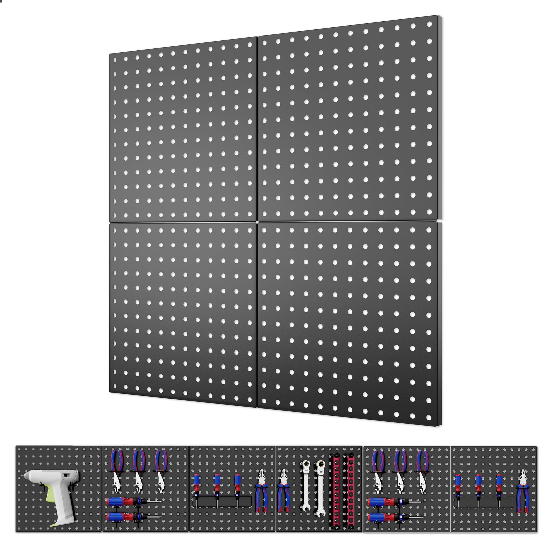 Four-panel black metal pegboard wall organizer with rows of mounting holes