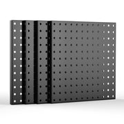 Black metal pegboard panels set, perforated with evenly spaced mounting holes