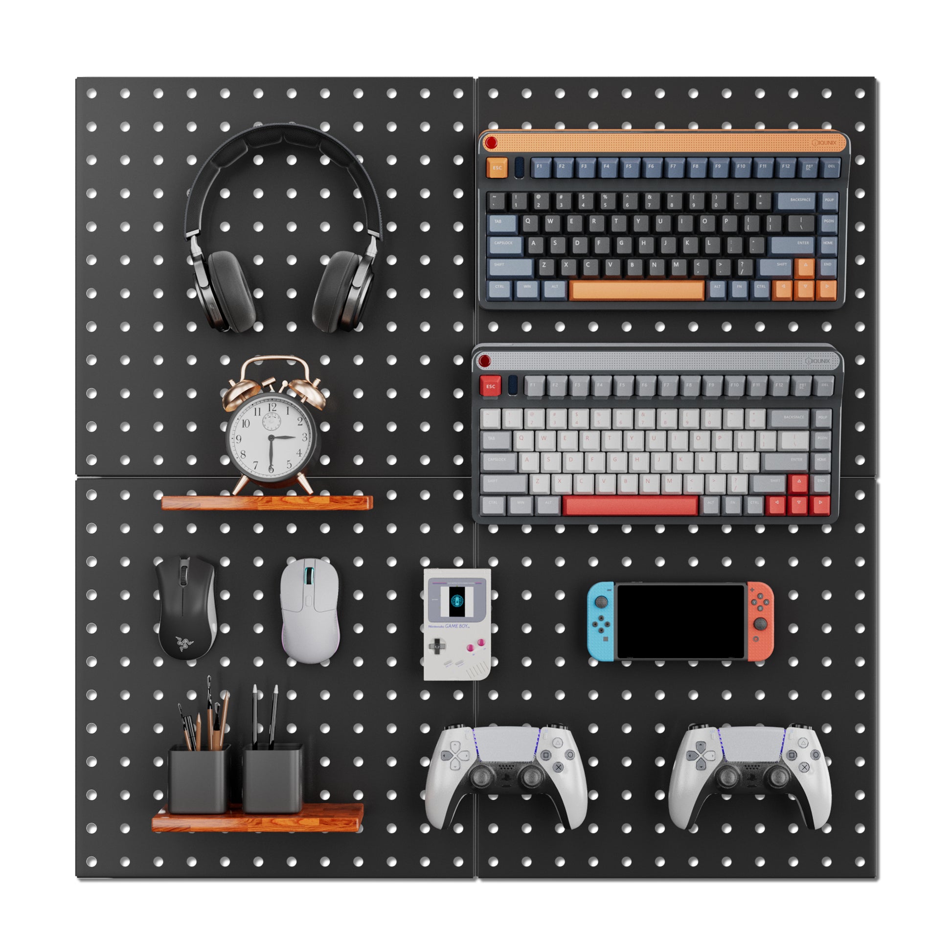 Black metal pegboard panel with mounted tools and accessories on perforations