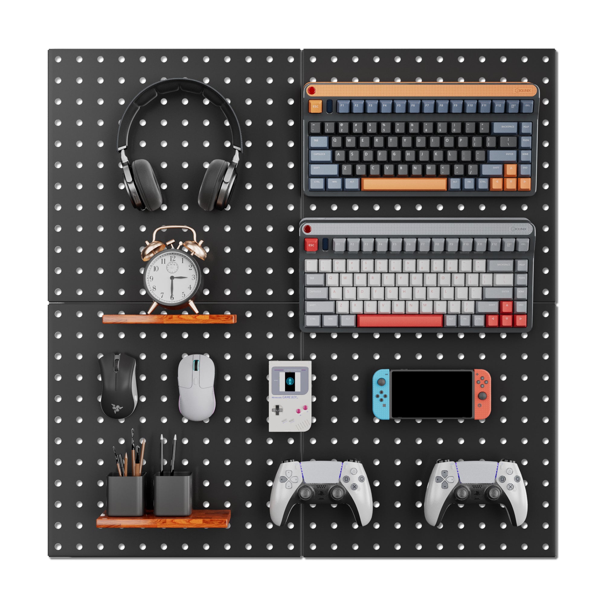 Black metal pegboard panel with mounted tools and accessories on perforations