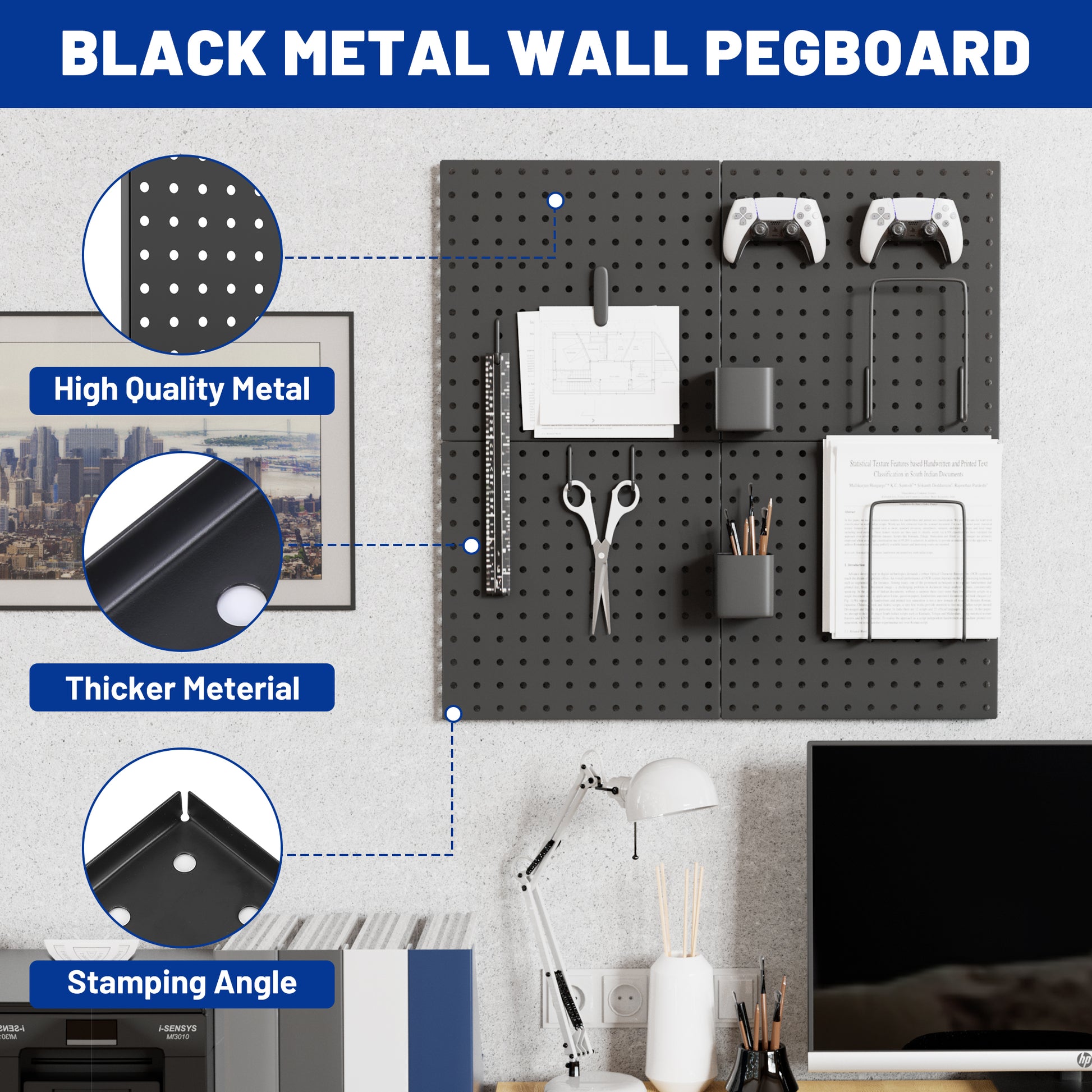 Black metal wall pegboard panel with perforations and reinforced folded corners