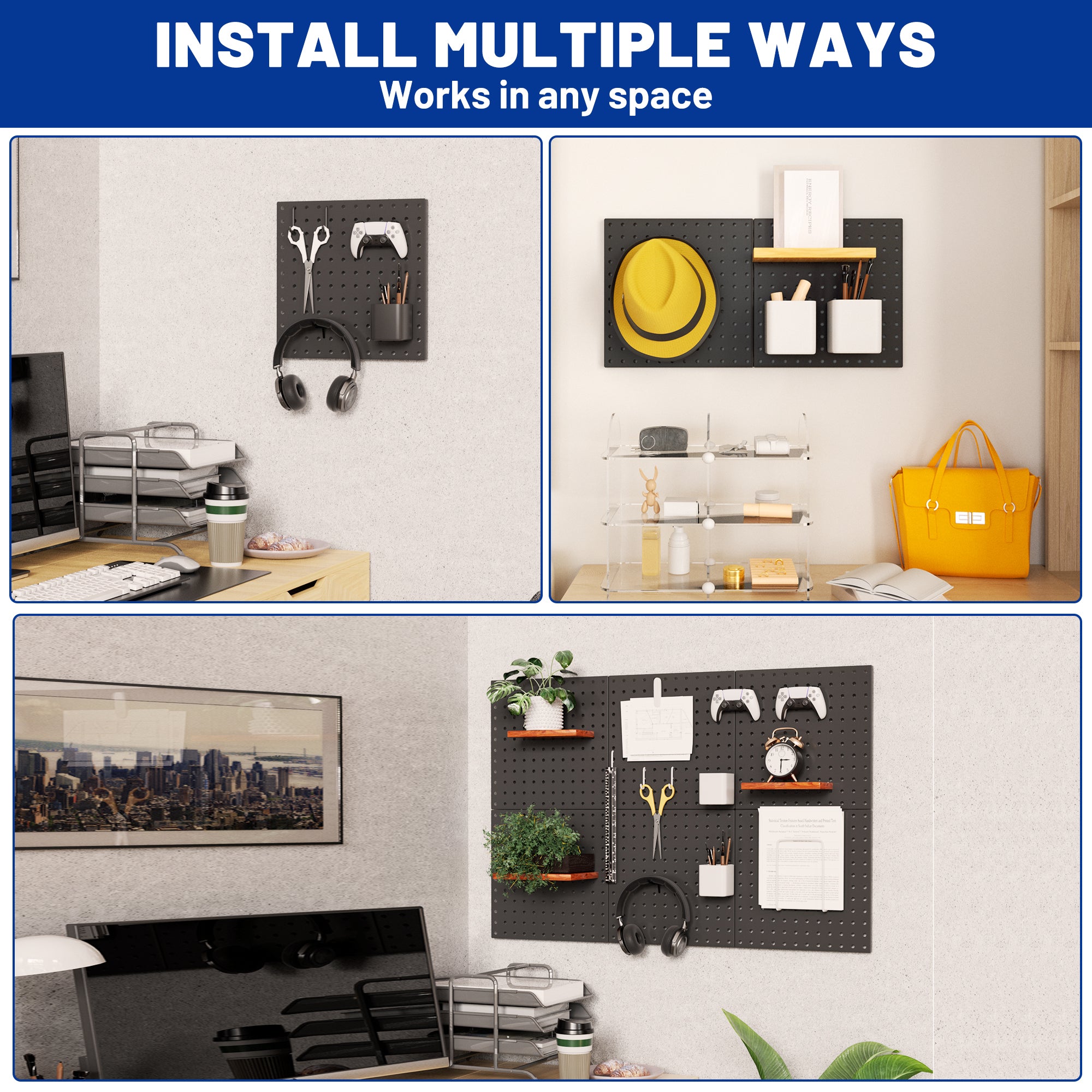 Black metal pegboard panels for versatile wall mounting in multiple rooms