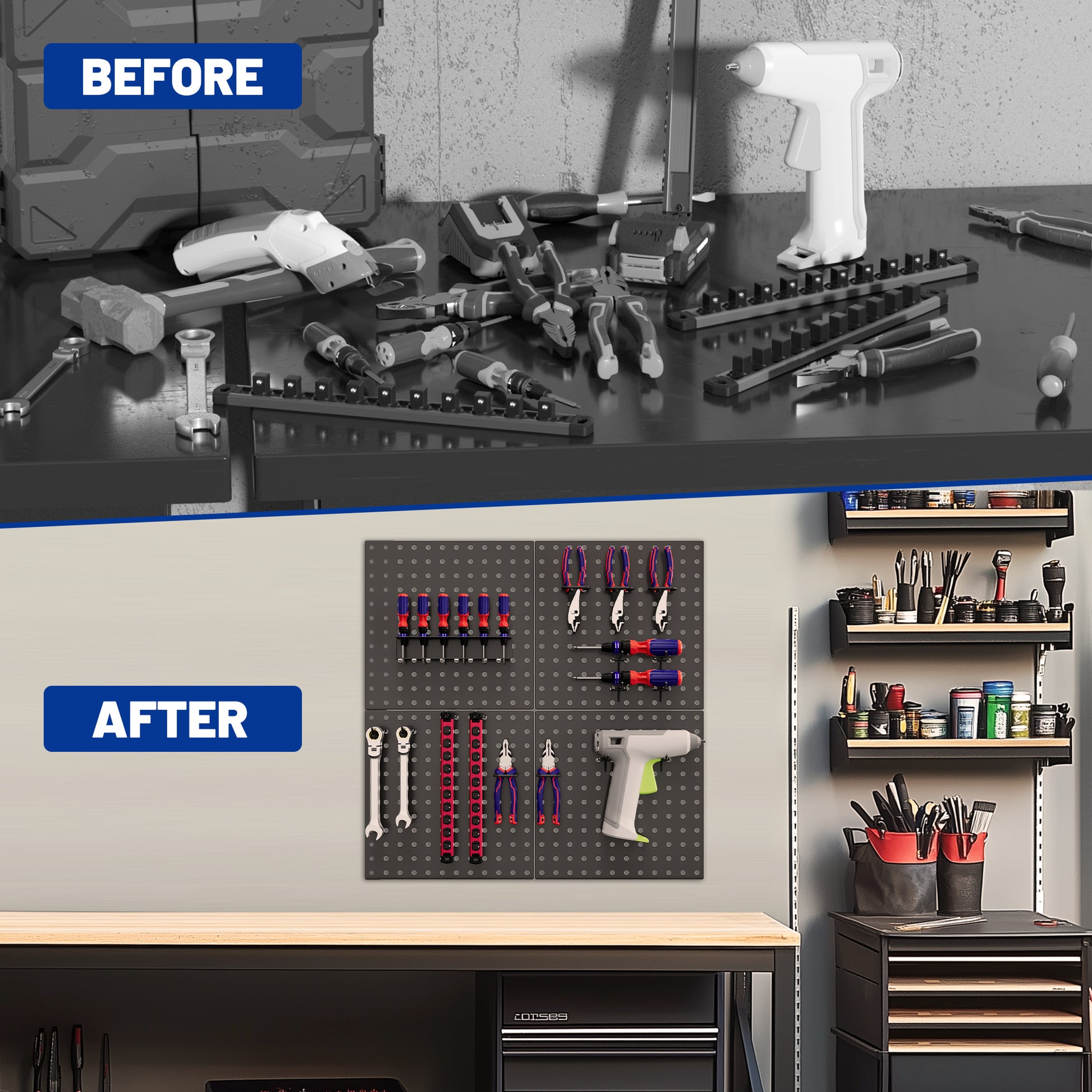 Black metal pegboard wall organizer with perforated holes and mounted tools