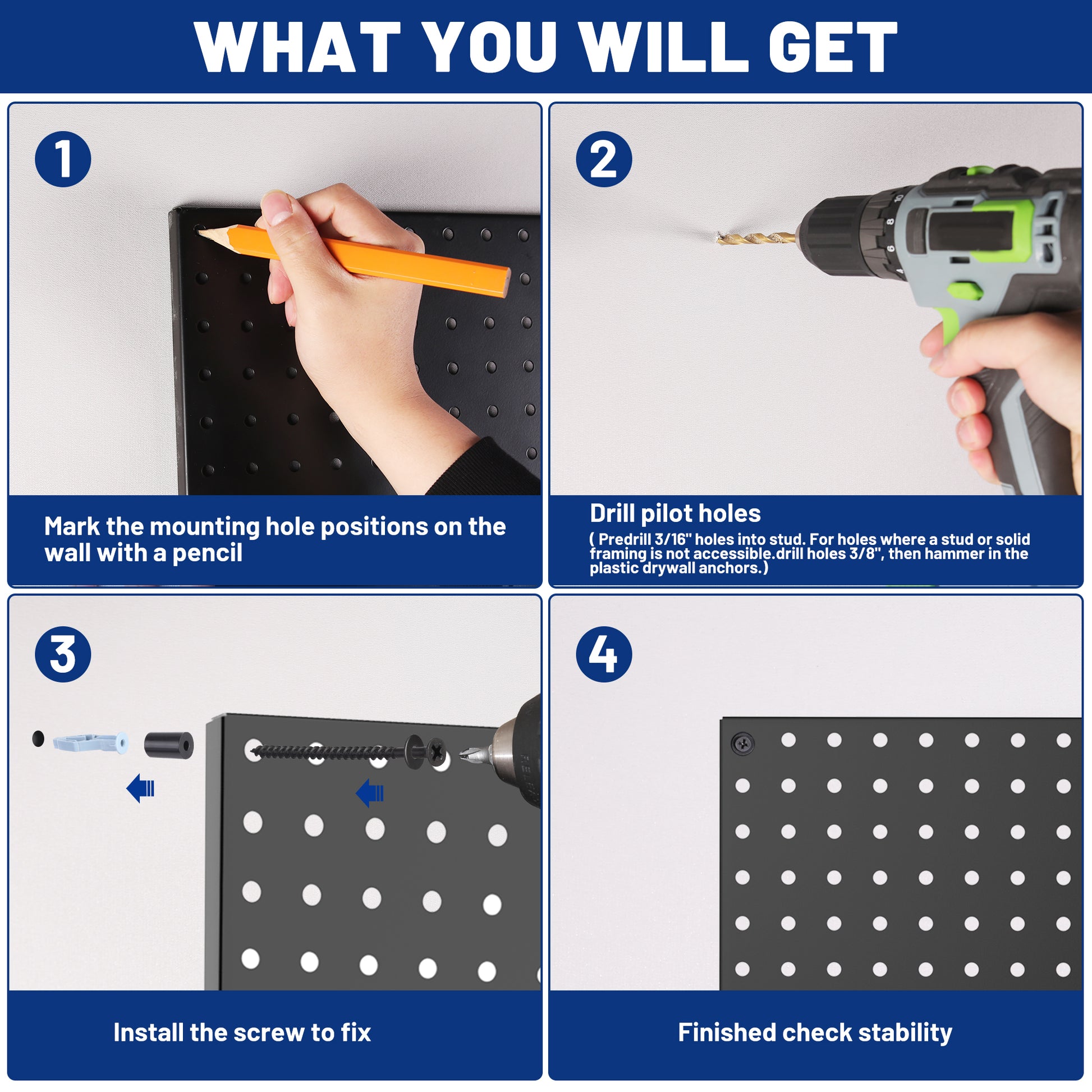 Black metal pegboard panel installation steps with marked and drilled mounting holes