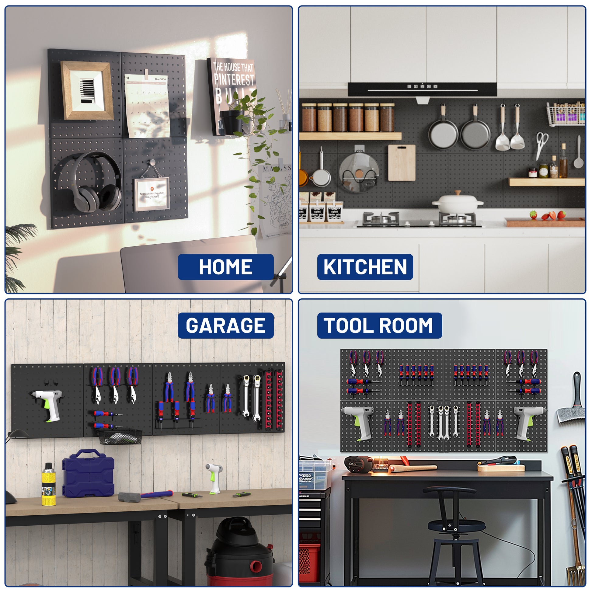 Black metal pegboard panels shown in different rooms for organized wall storage