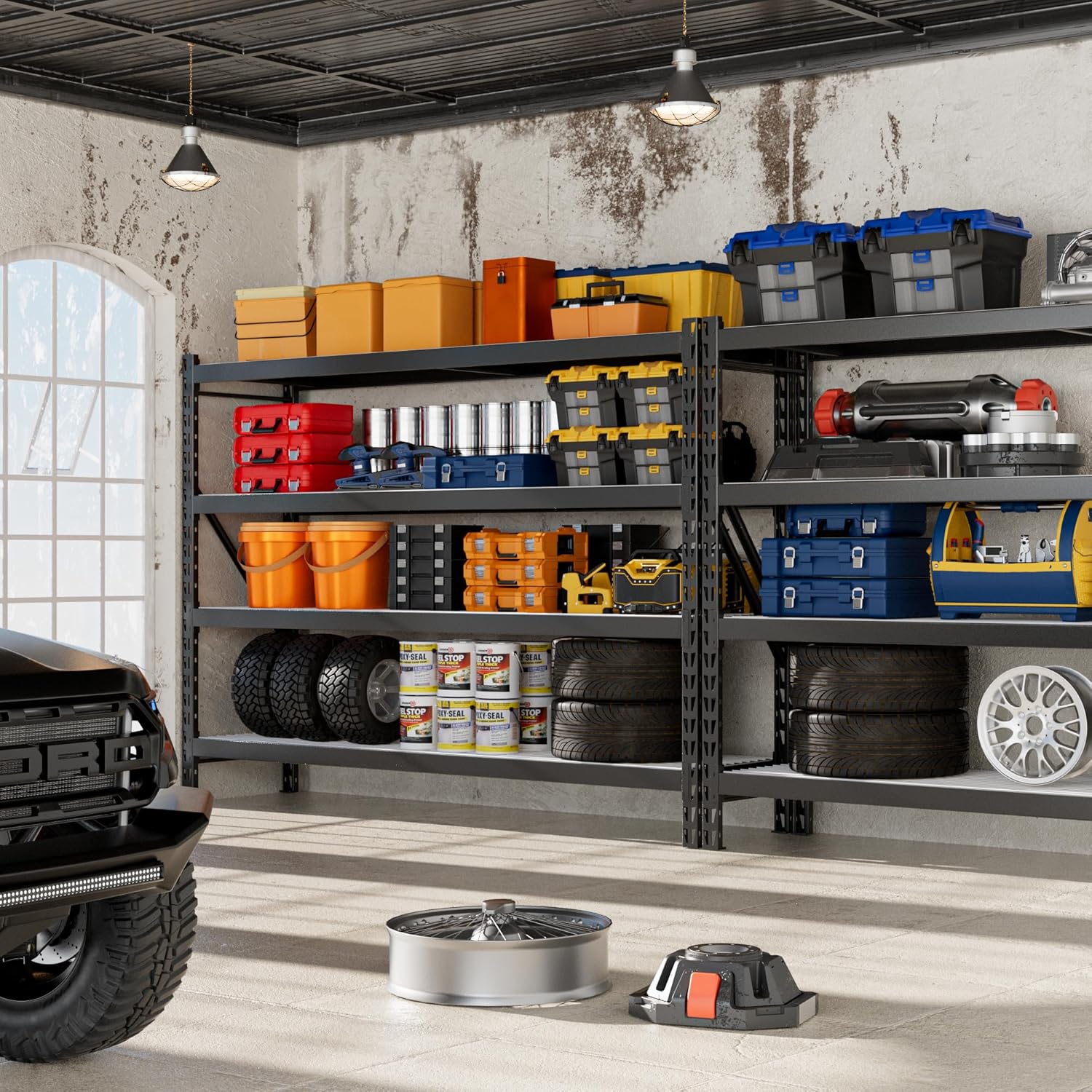 Black 4-tier garage storage shelving unit with adjustable steel frames and open shelves
