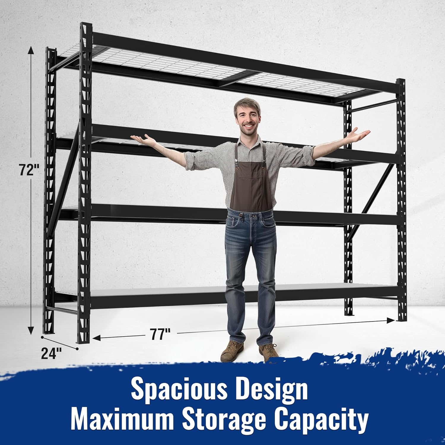 Black 4-tier adjustable storage rack with wide shelves, shown with front view