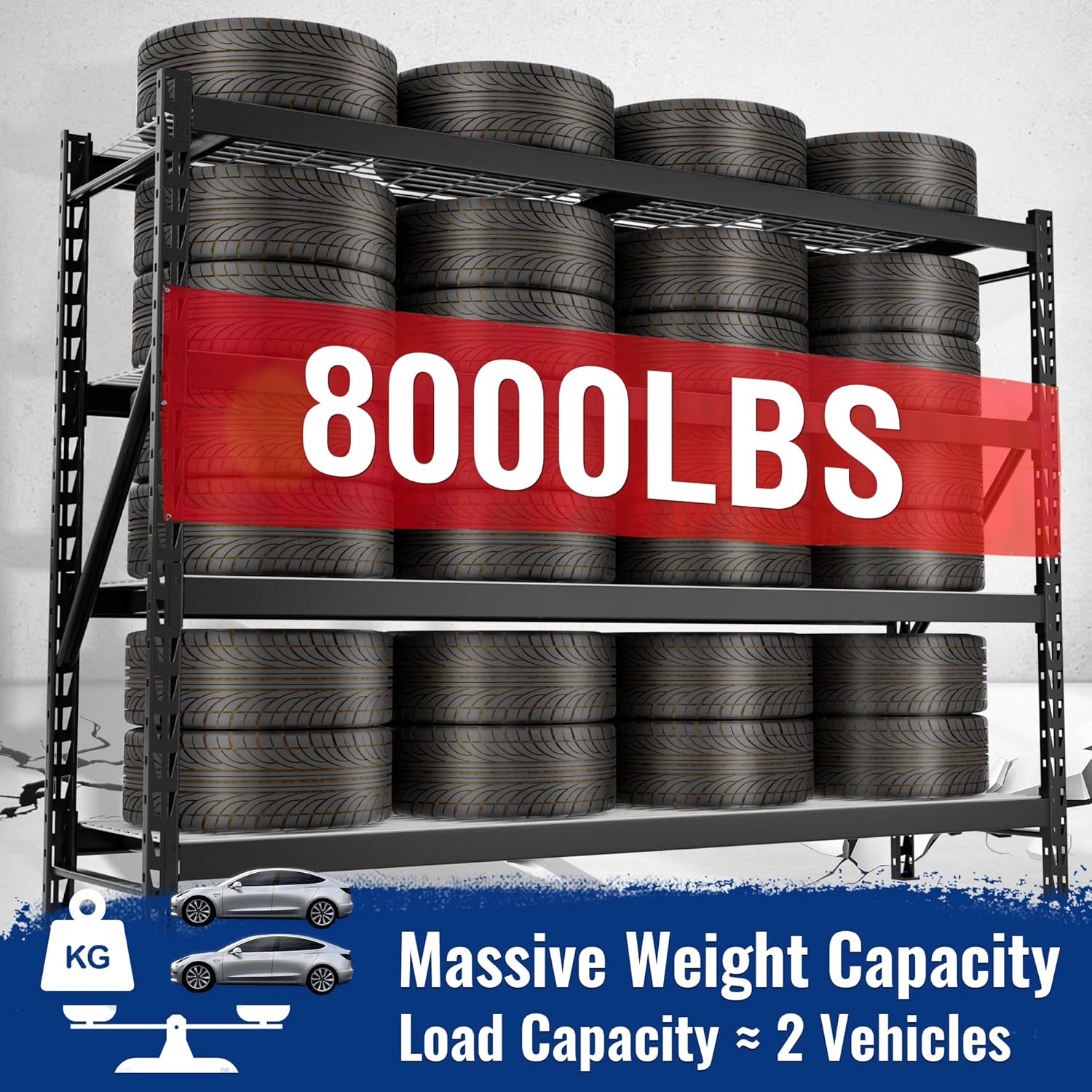 Black metal 4-tier storage rack holding multiple stacked tires across wide shelves