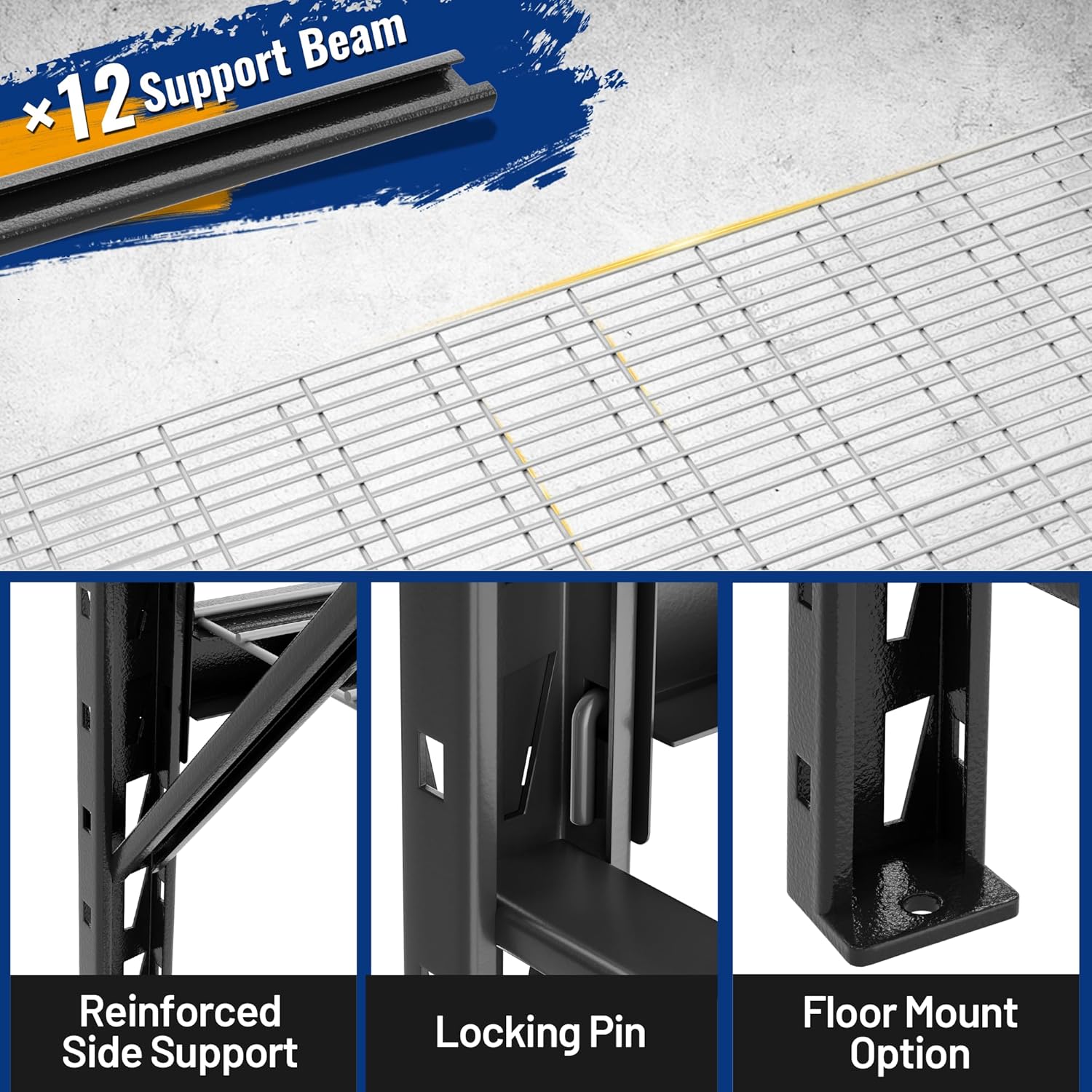 Adjustable steel storage shelf with reinforced crossbar, black frame and grid deck