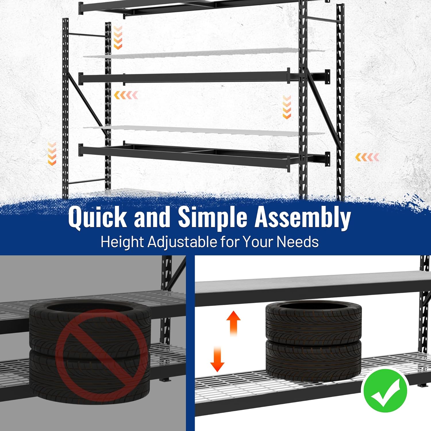 Black 4-tier adjustable garage shelving with pre-drilled uprights and side bracing