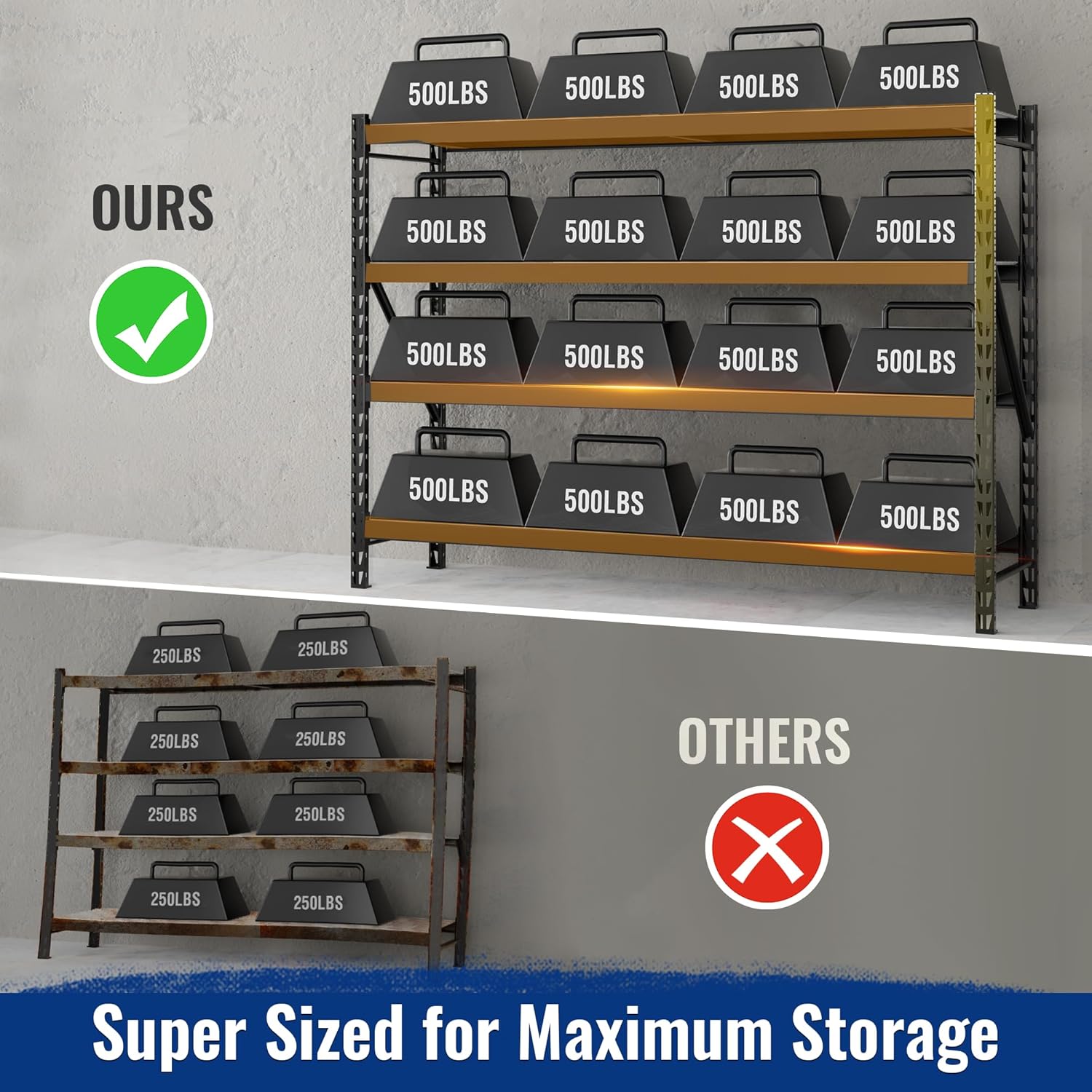 Black heavy-duty 4-tier storage rack against wall with multiple bin compartments