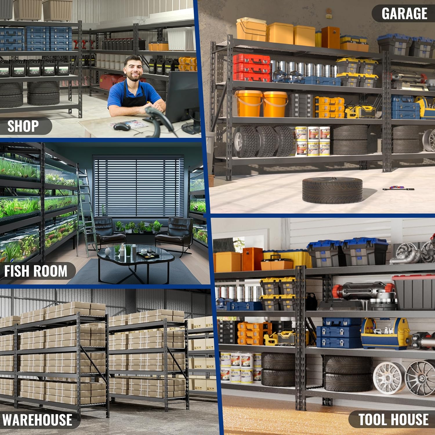Black 4-tier storage rack in garage, basement, and warehouse-style layouts