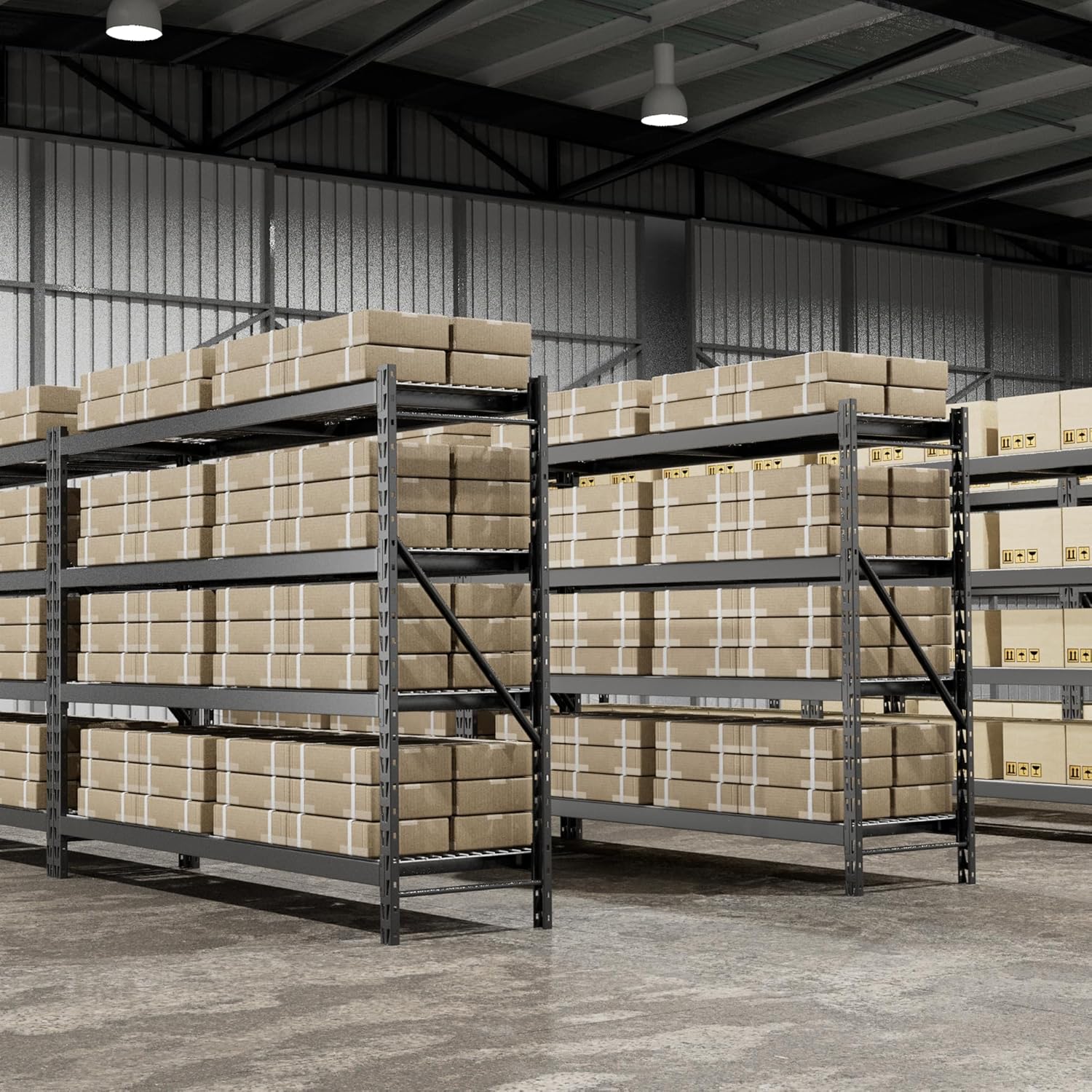 Black steel warehouse storage shelving unit with multiple tiers of cardboard boxes