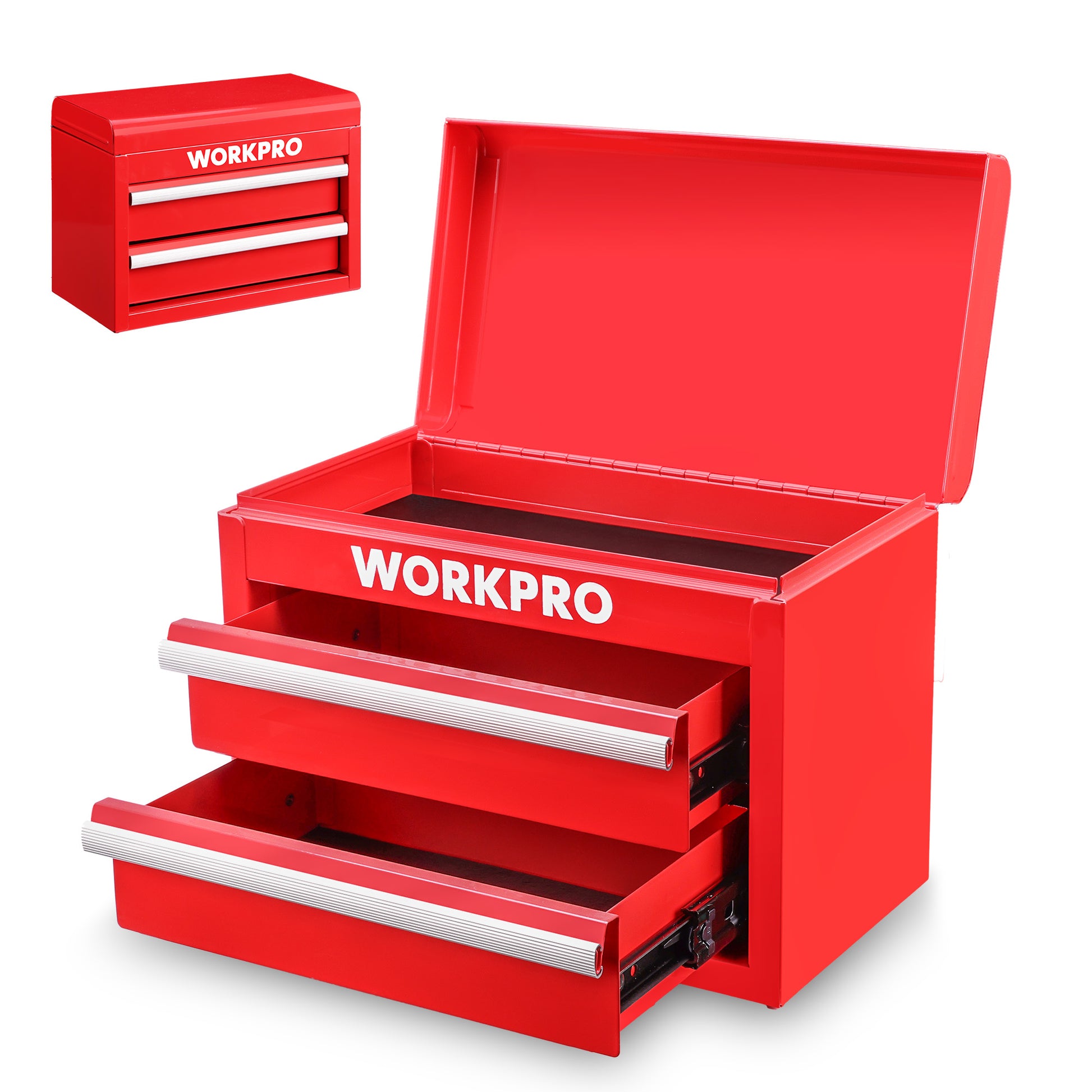 Red metal mini tool chest with open lid and three-tier drawer storage