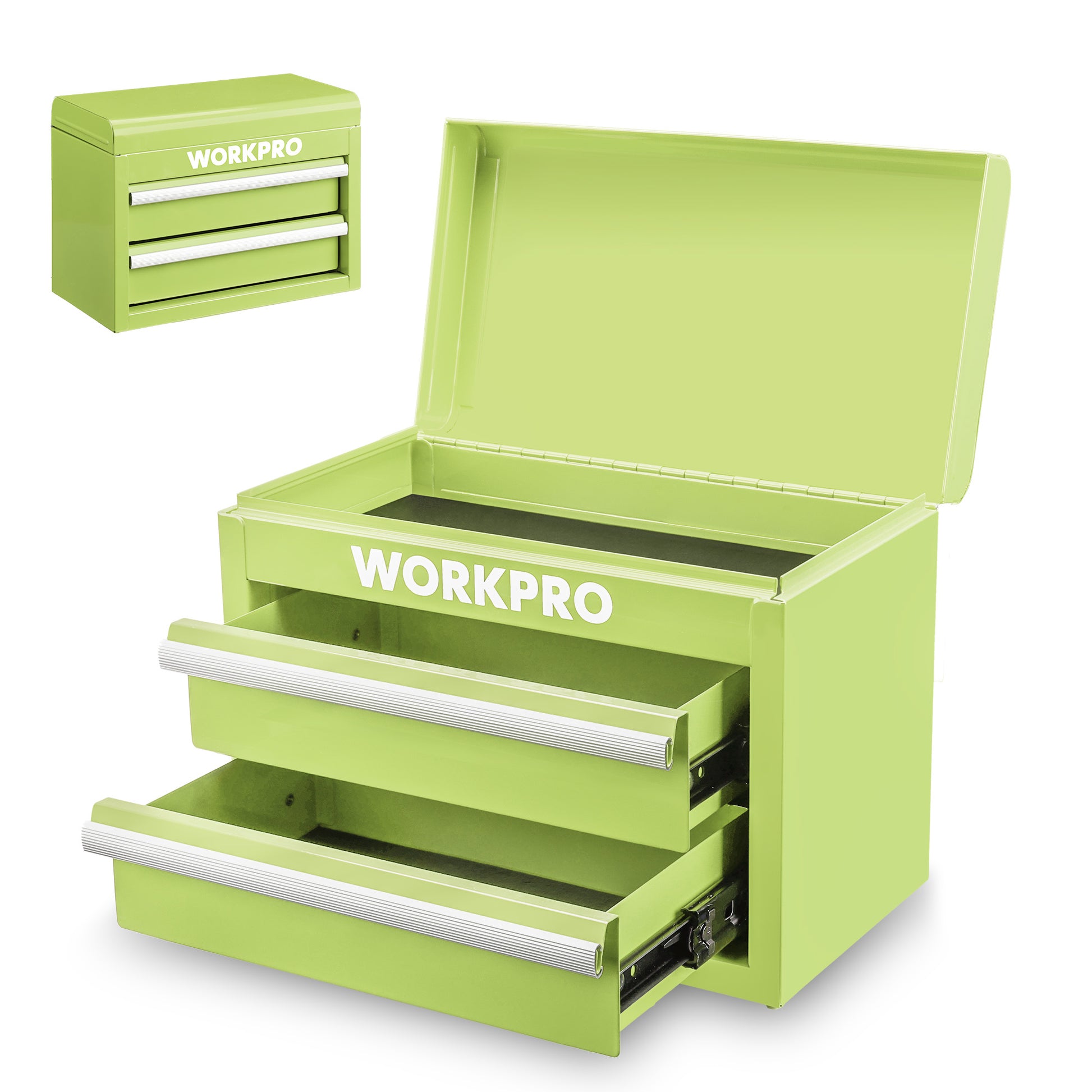 WORKPRO Metal Mini Tool Box in macaron green with innovation, quality, and two removable drawers with ball bearing slides