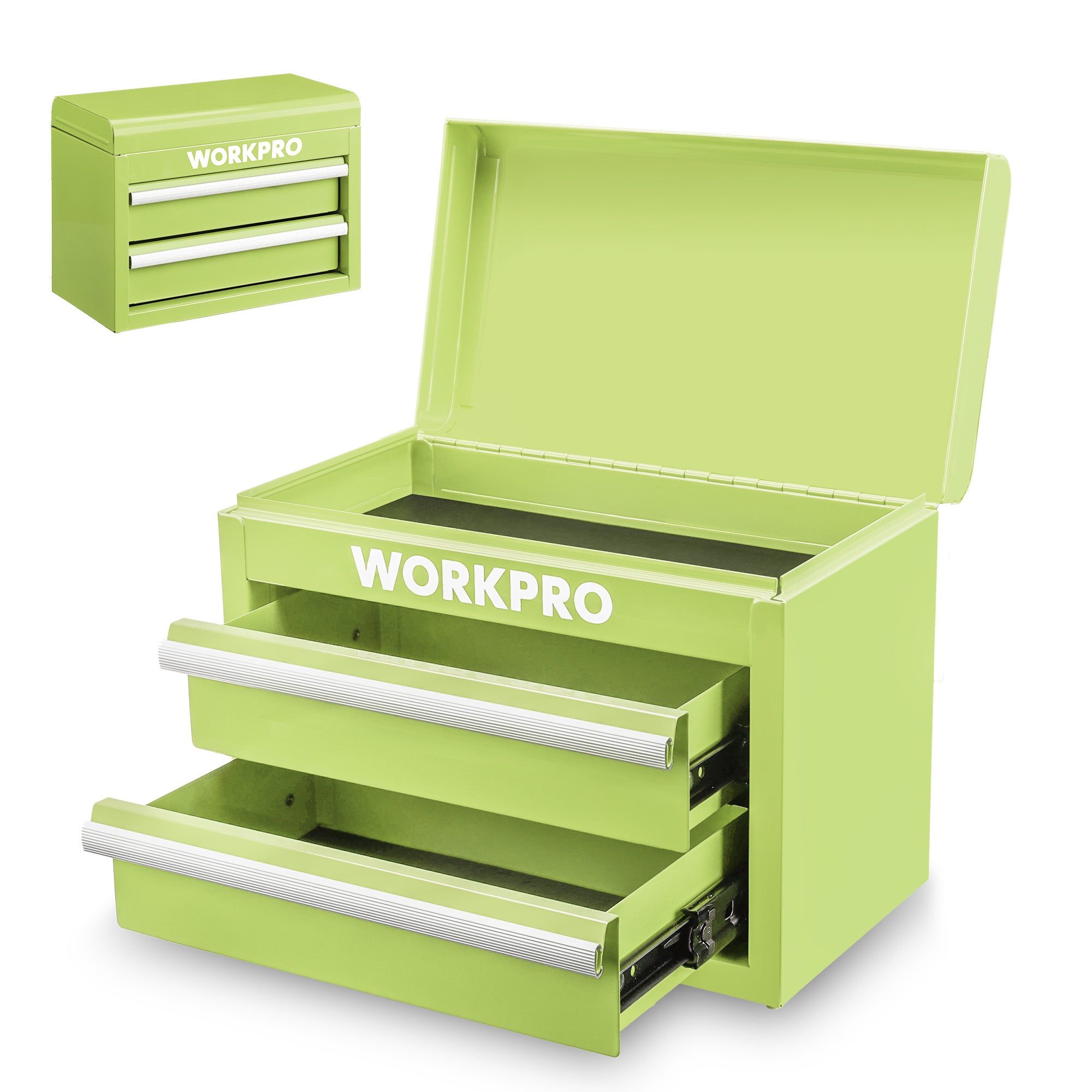 WORKPRO Metal Mini Tool Box in macaron green with innovation, quality, and two removable drawers with ball bearing slides