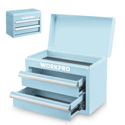 Light blue mini metal tool box with two drawers and open top storage compartment